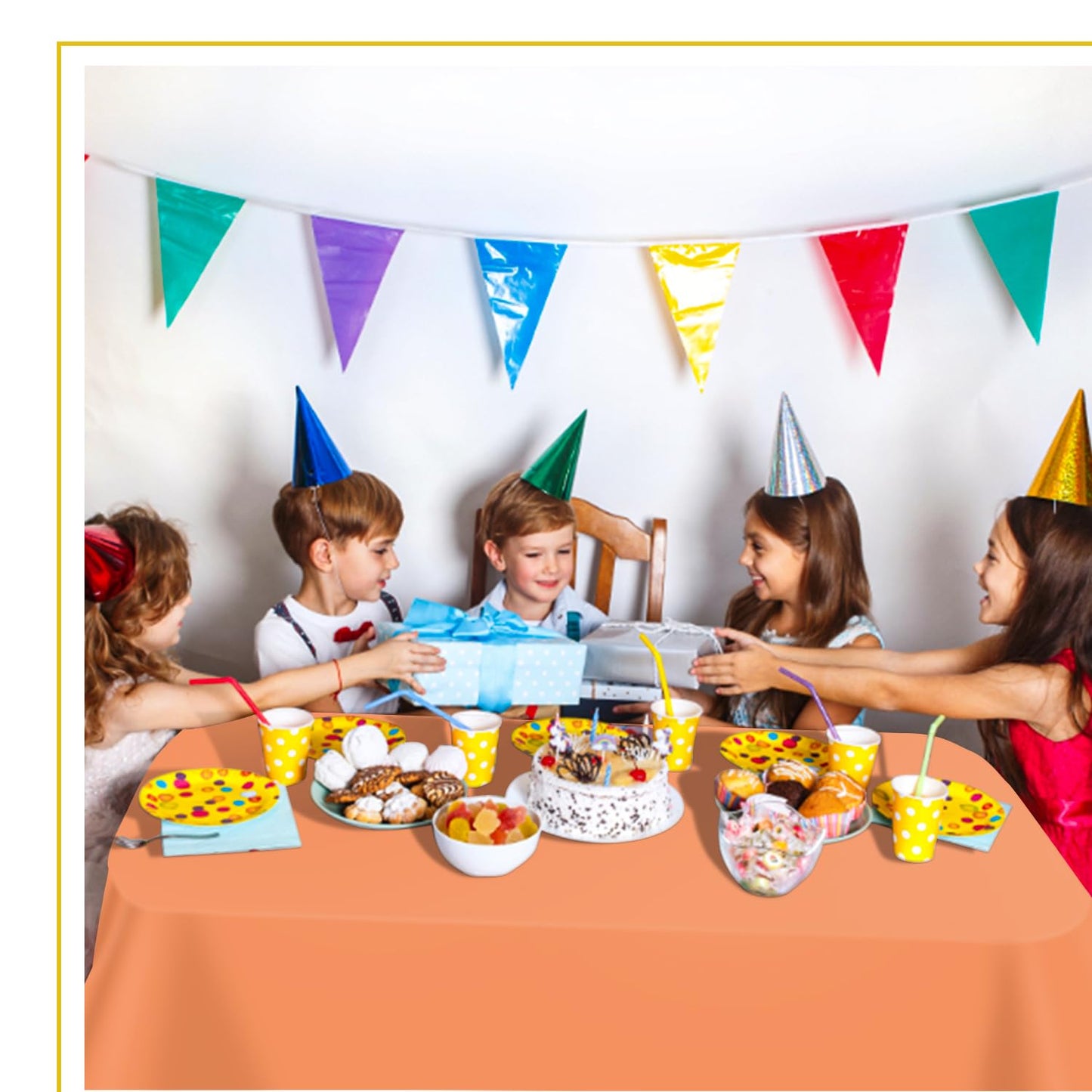 tujol Orange 6 Pack Plastic Table Cloth 54" x 108", Disposable Tablecloths Rectangle Table Cover, Plastic Tablecloths for Parties