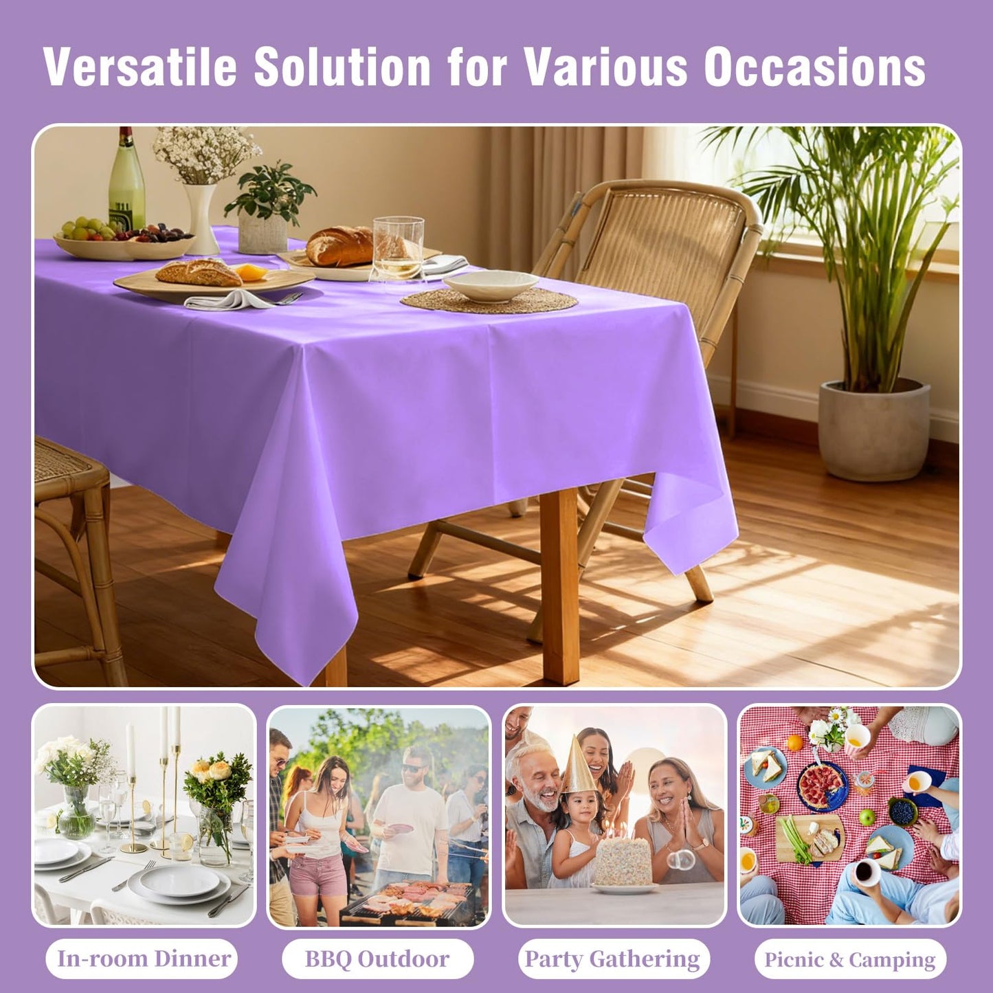 Purple Tablecloth - 3 Pack 54" × 108" Rectangle Disposable Light Purple Tablecloth, Lavender Waterproof Plastic Table Cover for Party, Wedding, Lavender Birthday Decoration
