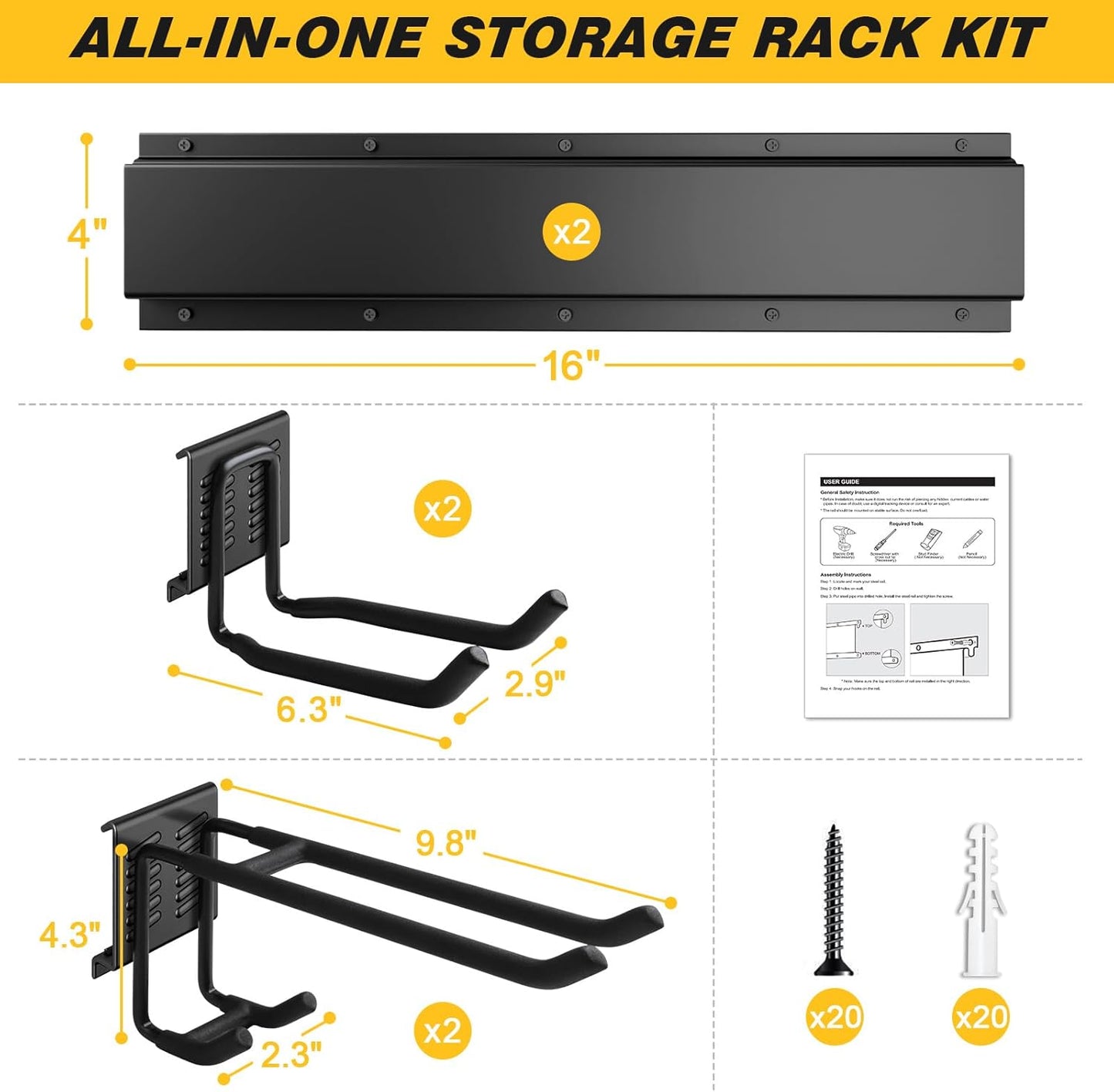 UUP Garage Storage Organizer - 32 Inches Wall-Mounted Tool Rack with Adjustable Metal Hooks | Heavy Duty, Max 300lbs Capacity