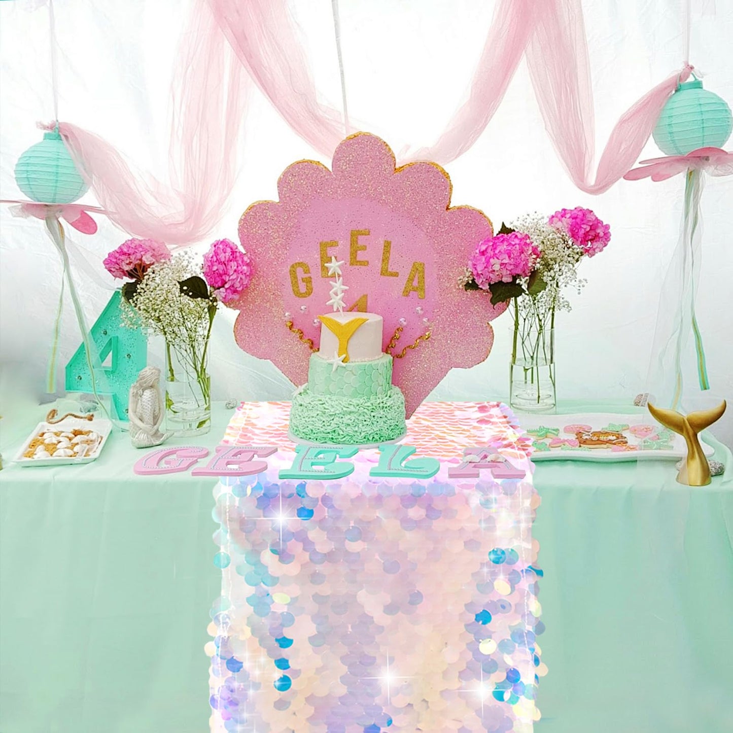 Yblut 1 Pack Mermaid Party Table Runner 12 x 84 Inches Mermaid Tail Scales Sequin Table Runner Glitter Holographic Table Cover for Birthday Party Ocean Decorations