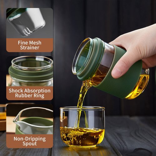 DOPUDO Glass Tea Set, Portable Small Gongfu Teapot with 1 Infuser, 2 Cups and 1 Master Mug, All in One Water Resistant Case for Travel, Business Trip, Hotel