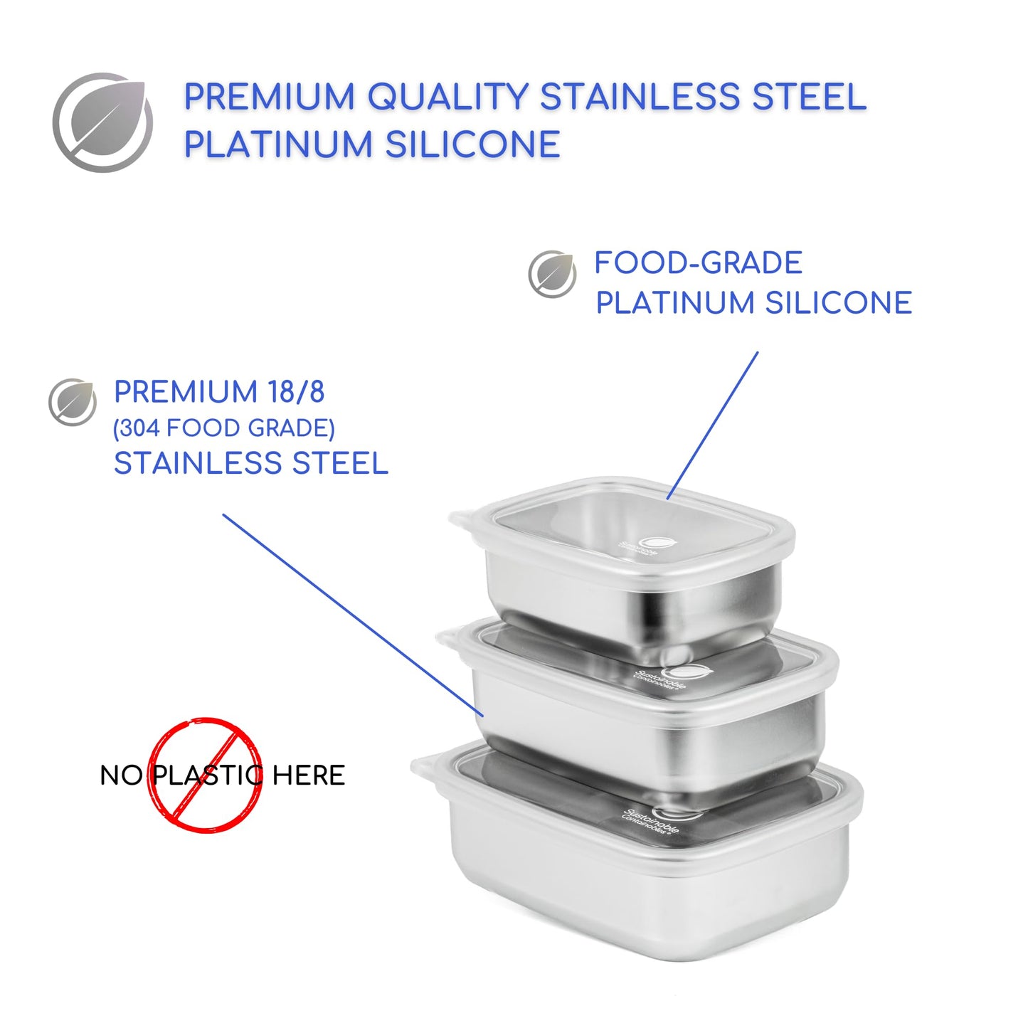 Sustainable Containables Stainless Steel Food Storage Containers with Clear Platinum Silicone Lids, Airtight, Leakproof 18/8 (304) Food Grade SS Nested 3Pk 20/30/40 oz Plastic-Free