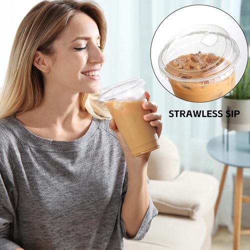 AOZITA 100 Pack 20 oz Plastic Cups - BPA-Free Disposable Iced Coffee Cups with Strawless Sip-Lids