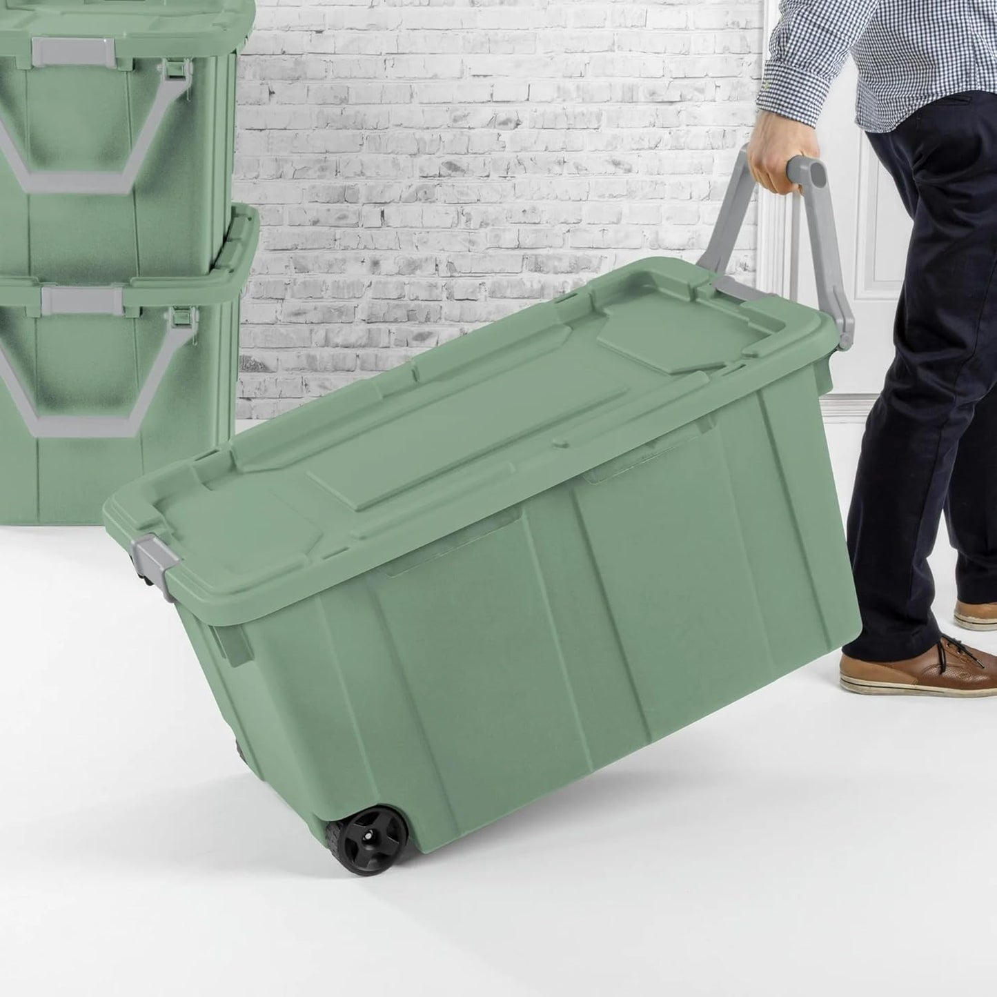 Skiennix 40 Gallon Wheeled Industrial Tote - Rugged Plastic Storage Bin with Latch Lid, Light Green, 2 Count