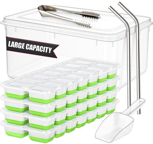 56pcs Ice Cube Tray with Lid and Bin – Stackable 4 Trays Silicone Plastic Freezer Mold, Large Ice Bucket with Scoop, Tong & 2 SS Straws – Easy Release Ice Maker for Cocktail, Coffee, RV, Whiskey