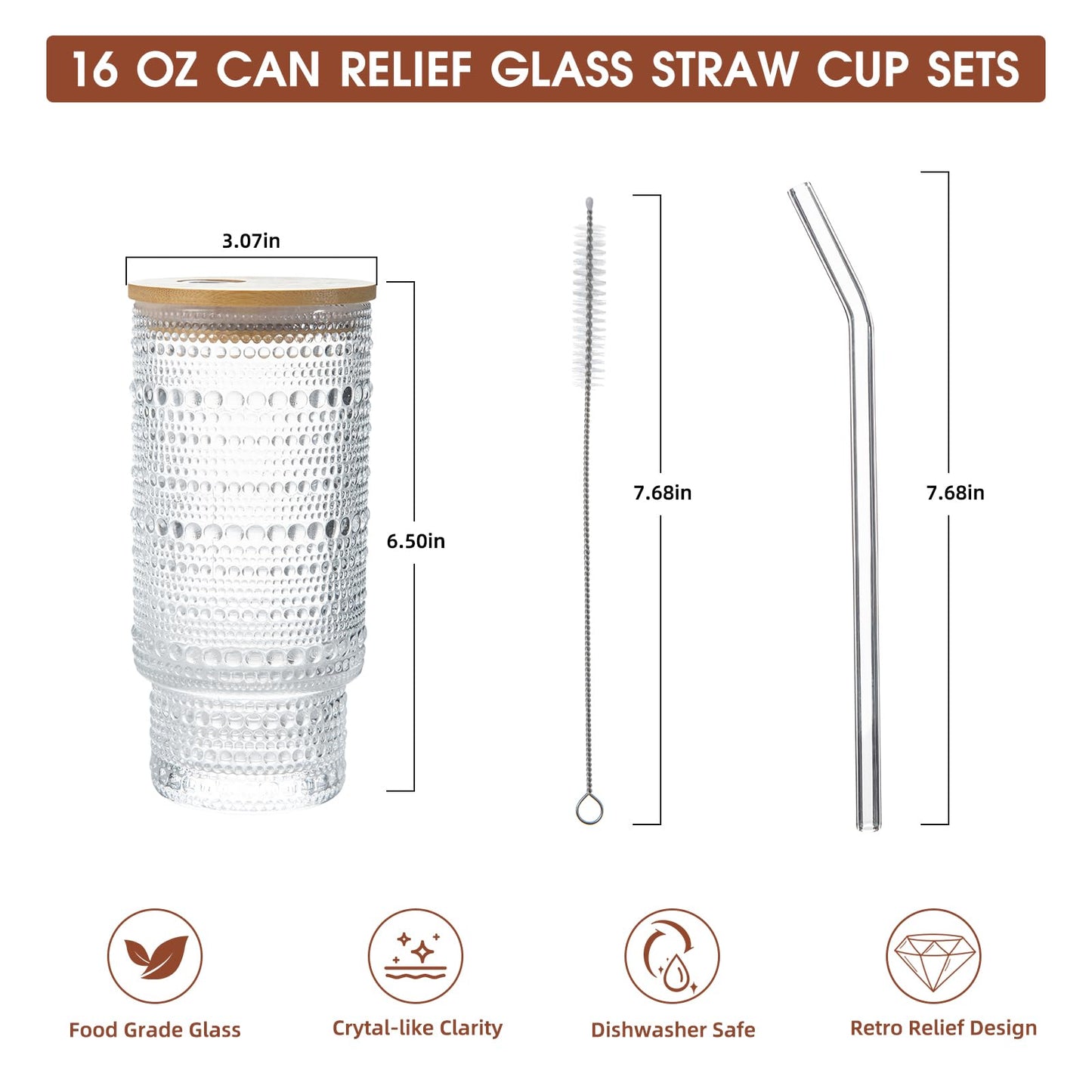 MRZIKPO Drinking Glasses with Bamboo Lids and Glass Straw 4pcs Set,16oz Glass Tumbler Cups,Water Glasses,Iced Coffee Glasses,iced Tea Glasses,Beer Glasses,Ideal for Whiskey,2 Brushes