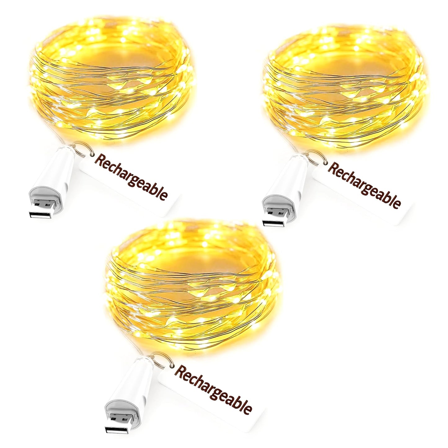 Dumcuw Fairy Lights USB Rechargeable Battery Operated, 7ft 20 LED String Lights Indoor for Bedroom Mason Jars Wedding Table Centerpieces Decorations Christmas Party Decor(Warm, 3 Pack)