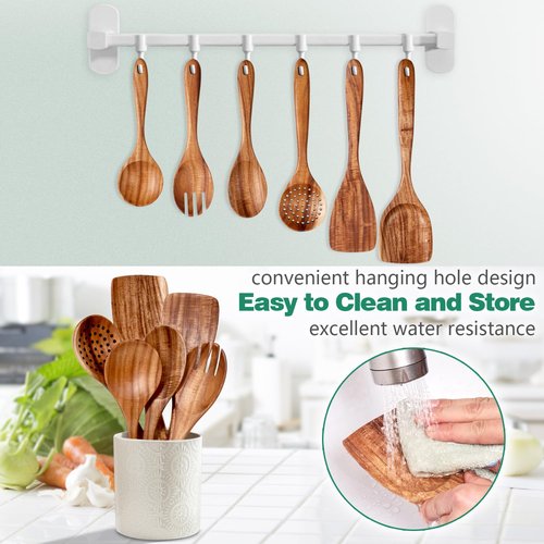HOWHONG Wooden Spoons for Cooking, Teak Wood Kitchen Utensil Set, Premium Handmade Wooden Utensils for Nonstick Cookware, Heat Resistant, Smooth Finish, Comfortable Grip, 6 Piece