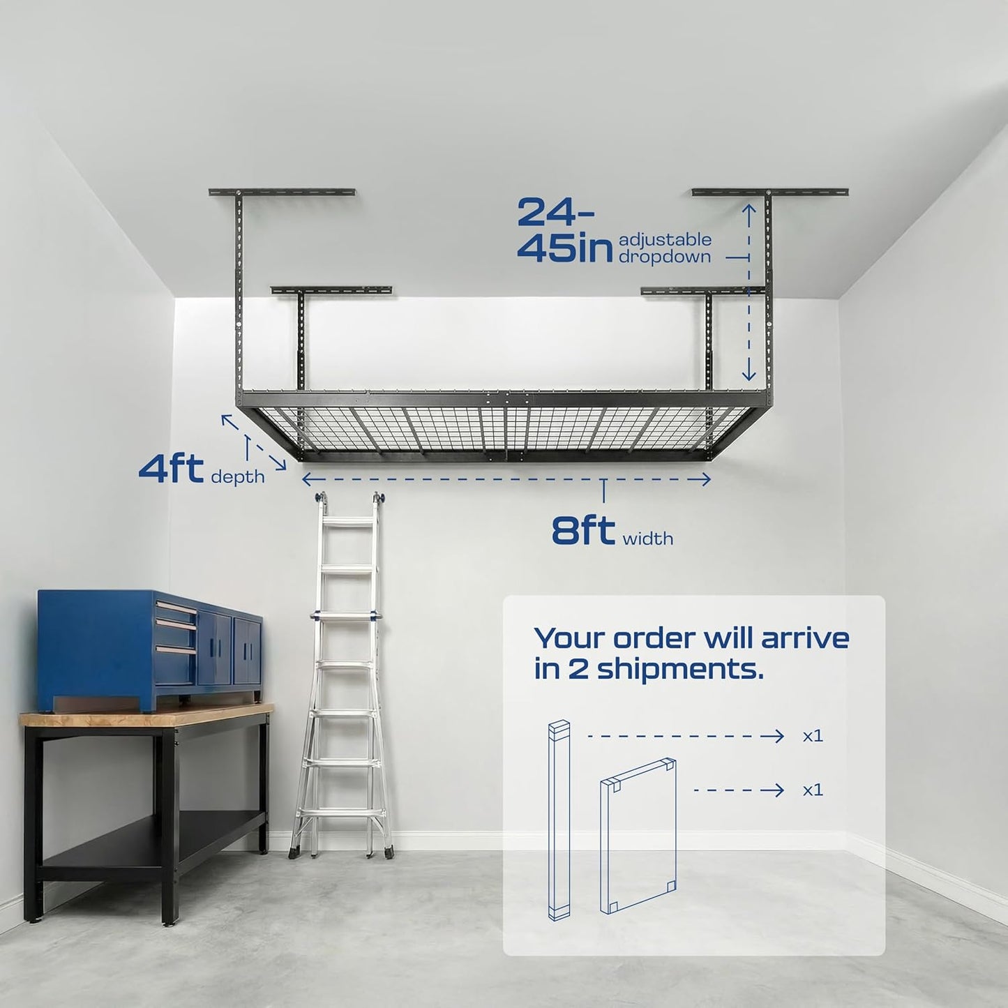 MonsterRax Overhead Garage Storage Rack - 4x8 Ceiling Organizer with Adjustable Height 24"-45" - Grey