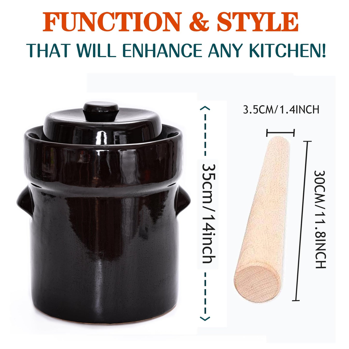 Fermentation Crock Jar 5 Liter / 1.3 Gallon - Stoneware Pot for Fermenting, Pickling Kimchi, Pickles, Vegetables, Kombucha - Glazed Fermenter with Stone Weights, Lid & Pickle Tamper