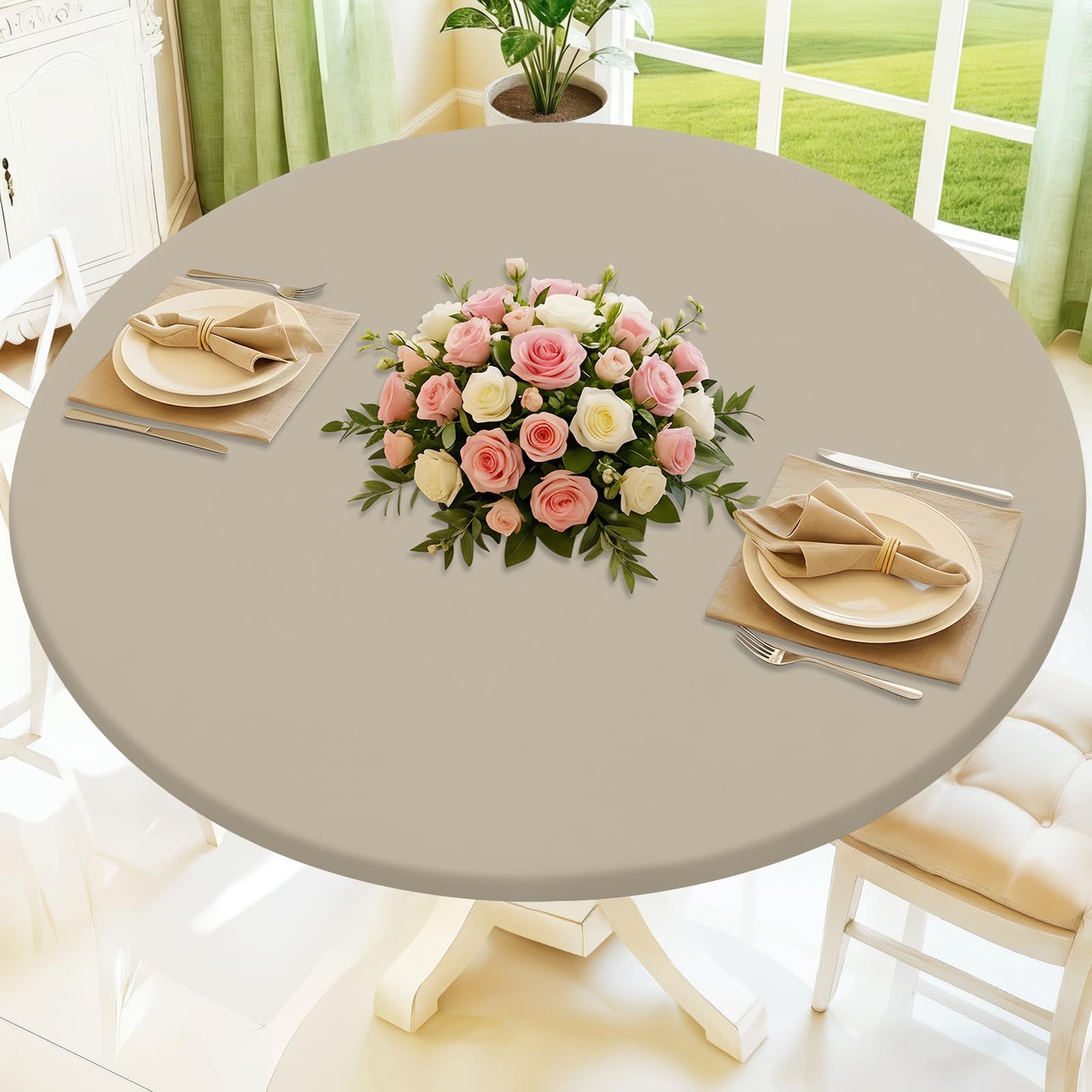 Moosfor Round Spandex Tablecloth, Elastic Fitted Waterproof Tablecloths for 31"-35" Tables, Stretch Washable Picnic Table Cover for Camping, Dining, Indoor and Outdoor, Taupe