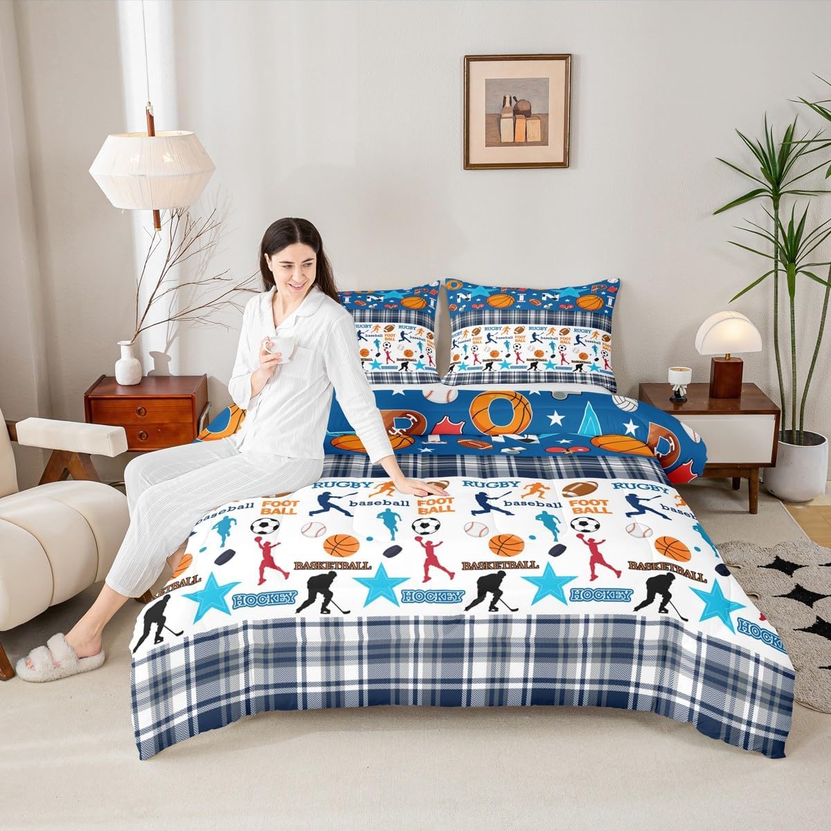 Basketball Kids Comforter Set Full Size,Geometric Basketball Court Abstract Bedding Set,Boys Girls Adults Room Decor,Ball Sports Games Down Comforter,Red Black Fashion Duvet Insert,2 Pillowcases