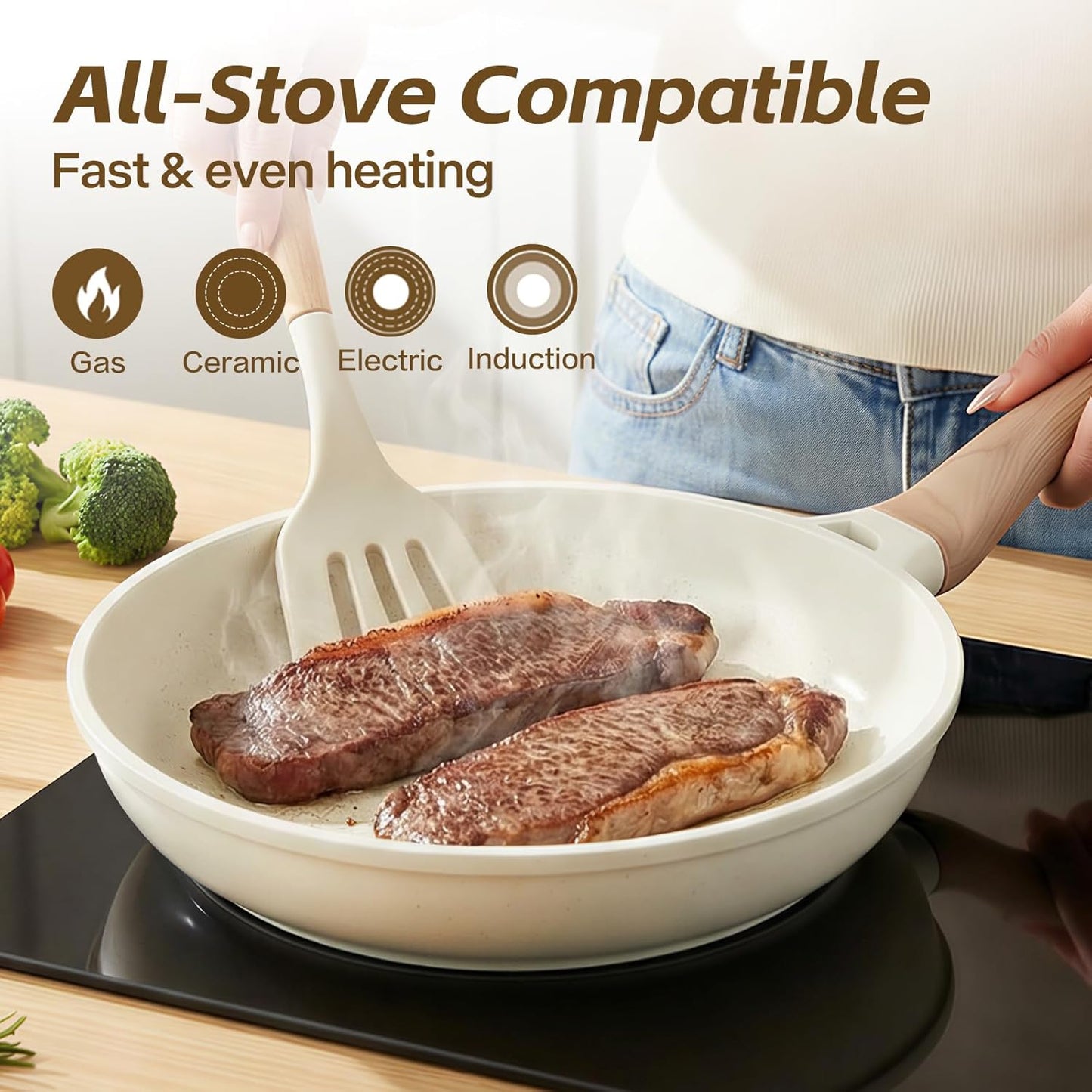 UESLUCK 10-Inch Non-Stick Frying Pan with Lid - Large Ceramic Skillet, Cool-Touch Handle, PFAS & PTFE Free