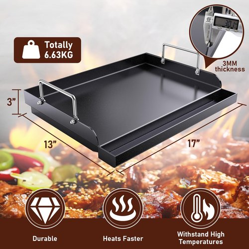 Cast Iron Griddle for Gas Grill, Nanoceramic Nonstick Flat Top Griddle Insert for Outdoor Gas Grill, 17" x 13" Flat Top Plate for Weber, Nexgrill, Charbroil Grills, Plancha Para Cocinar