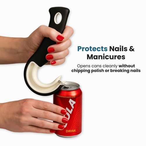 Jokari Ring Pull Can Opener for Soda and Food Cans Arthritis Aid with Non Slip Grip for Seniors Kids and Nail Protection Manual Pull Tab Tool for Easy Open Cans Black Dishwasher Safe