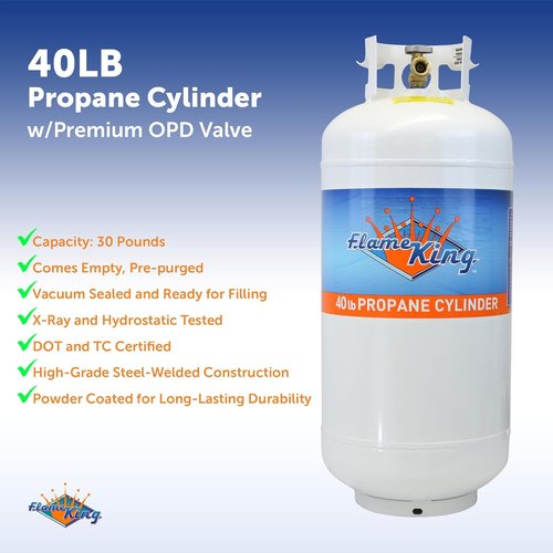 Flame King 40 Lb Steel Propane Tank Cylinder - Overflow Protection Device | Durable White Design