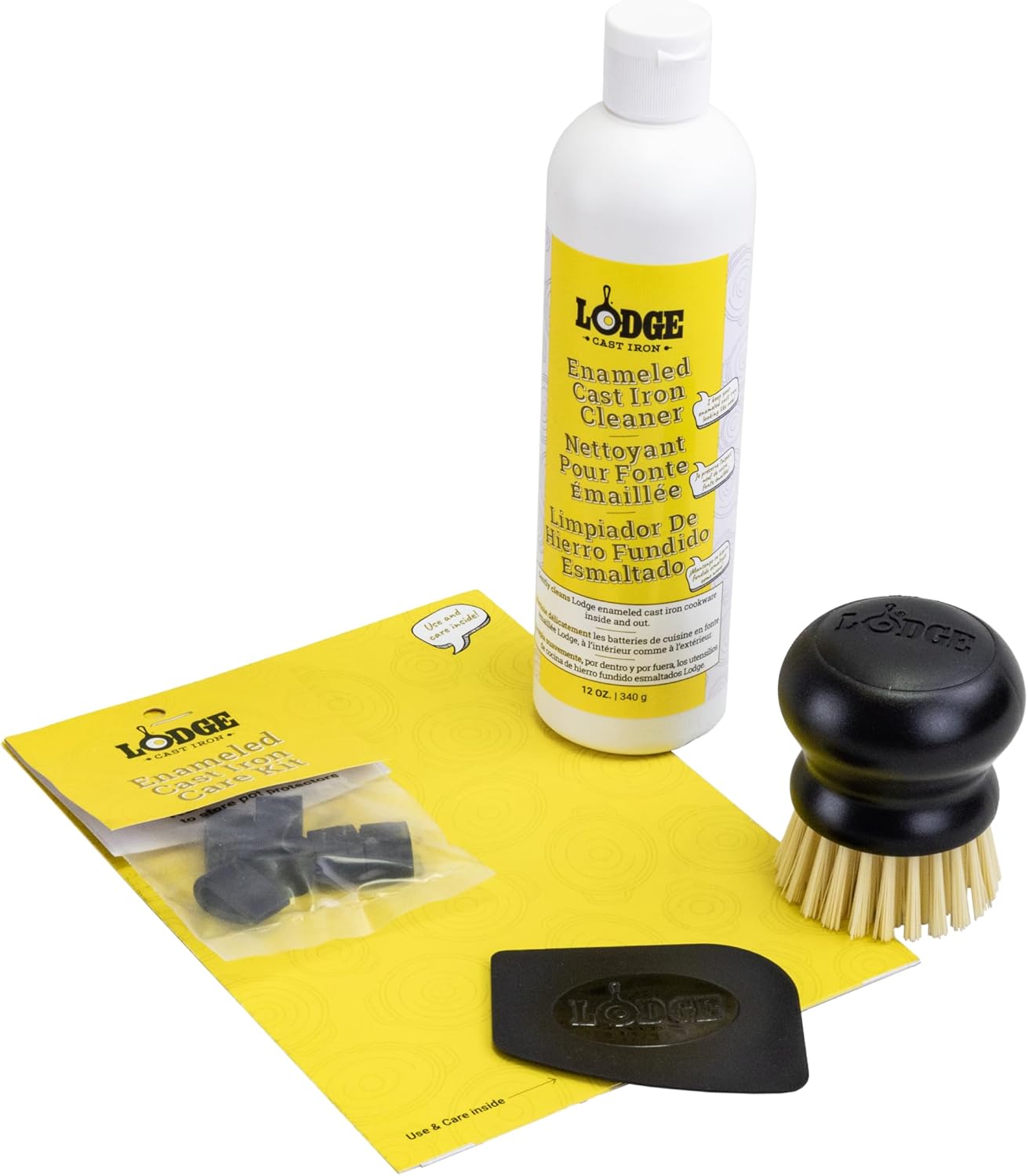 Lodge Enameled Cast Iron & Ceramic Cleaner Care Kit - 5-Piece Set with 11oz Cleaner, Scraper, Brush & Protectors
