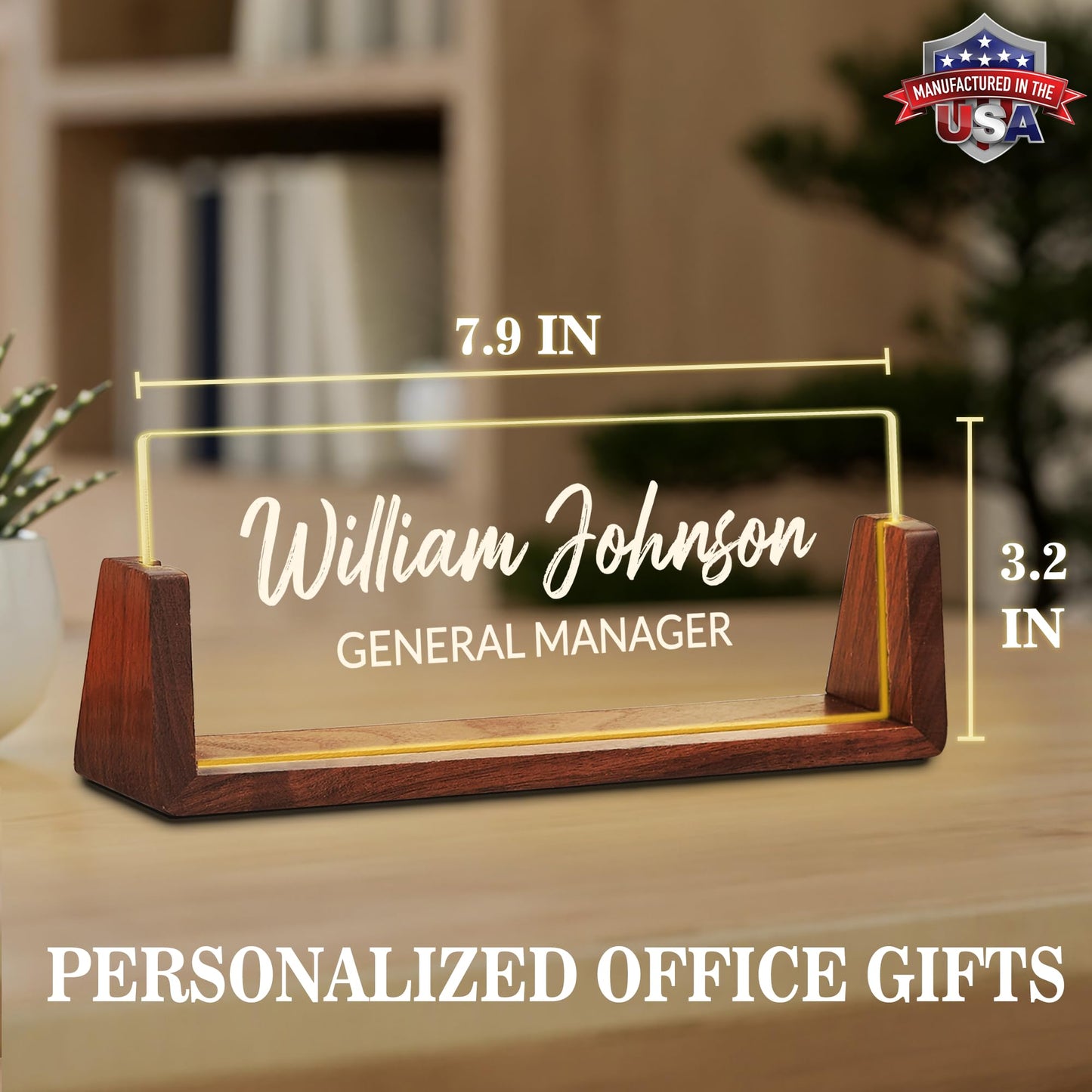 Ship Next Day Custom Name Plate for Desk, Personalized Acrylic Desk Name Plate with LED Walnut Frame, Office Desk Accessories, Appreciation Gifts for Boss Employee Coworker Teacher Women Men (Classic)