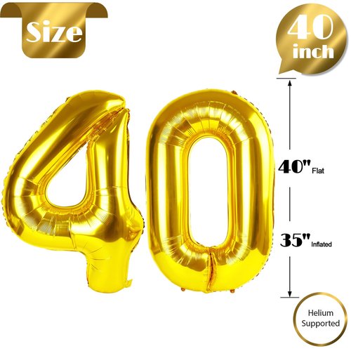 Gold Number 40 Balloon 40 inch, 40 Number Balloons, 40th Gold Birthday Decorations, 40 Year Old Women Men Golden Party Supplies