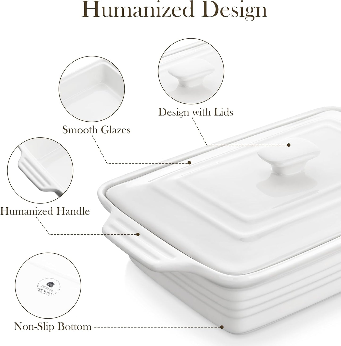 MALACASA Casserole Dish - 4.4 Qt Porcelain Baking Dish with Lid & Handles | Microwave Safe, White