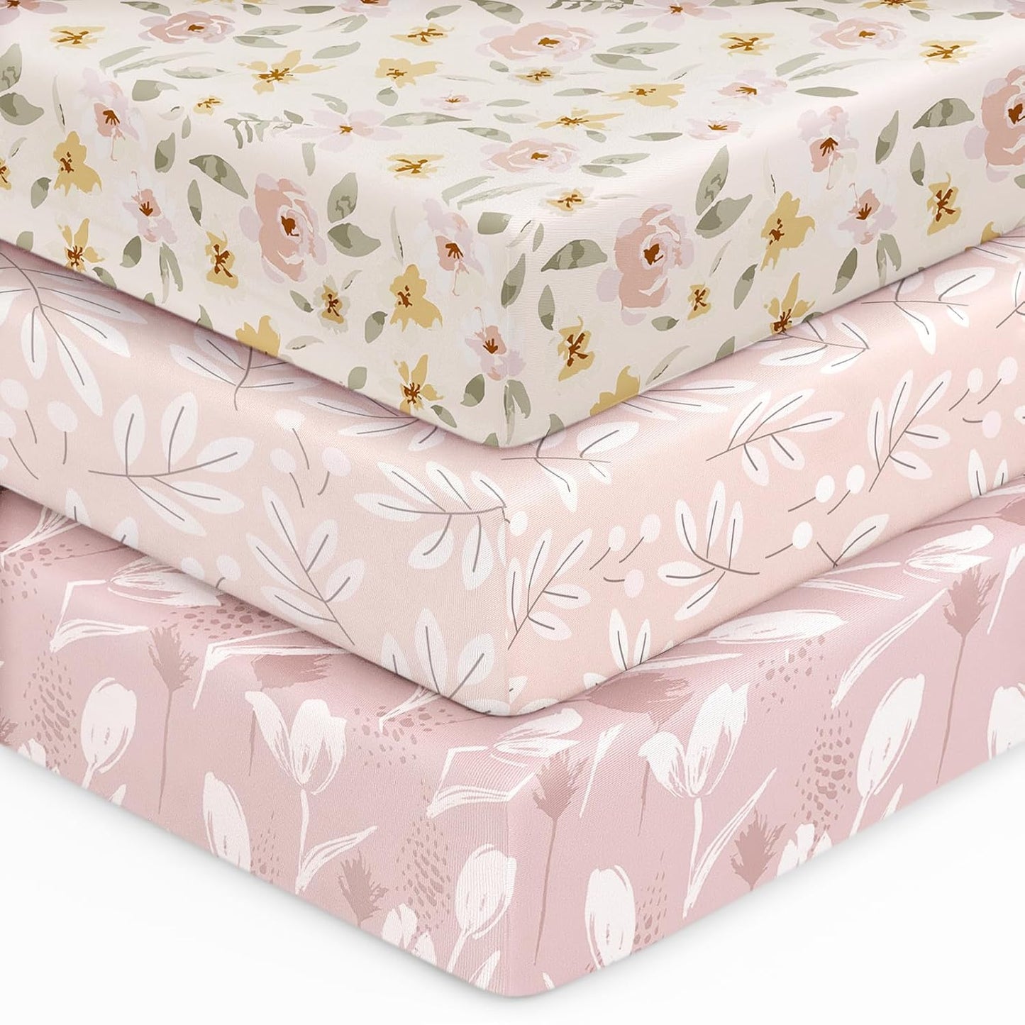 Unnivoll Fitted Baby Crib Sheets - Soft Microfiber 3-Pack for Standard Crib & Toddler Mattress | Pink Floral Design, 28x52x8in