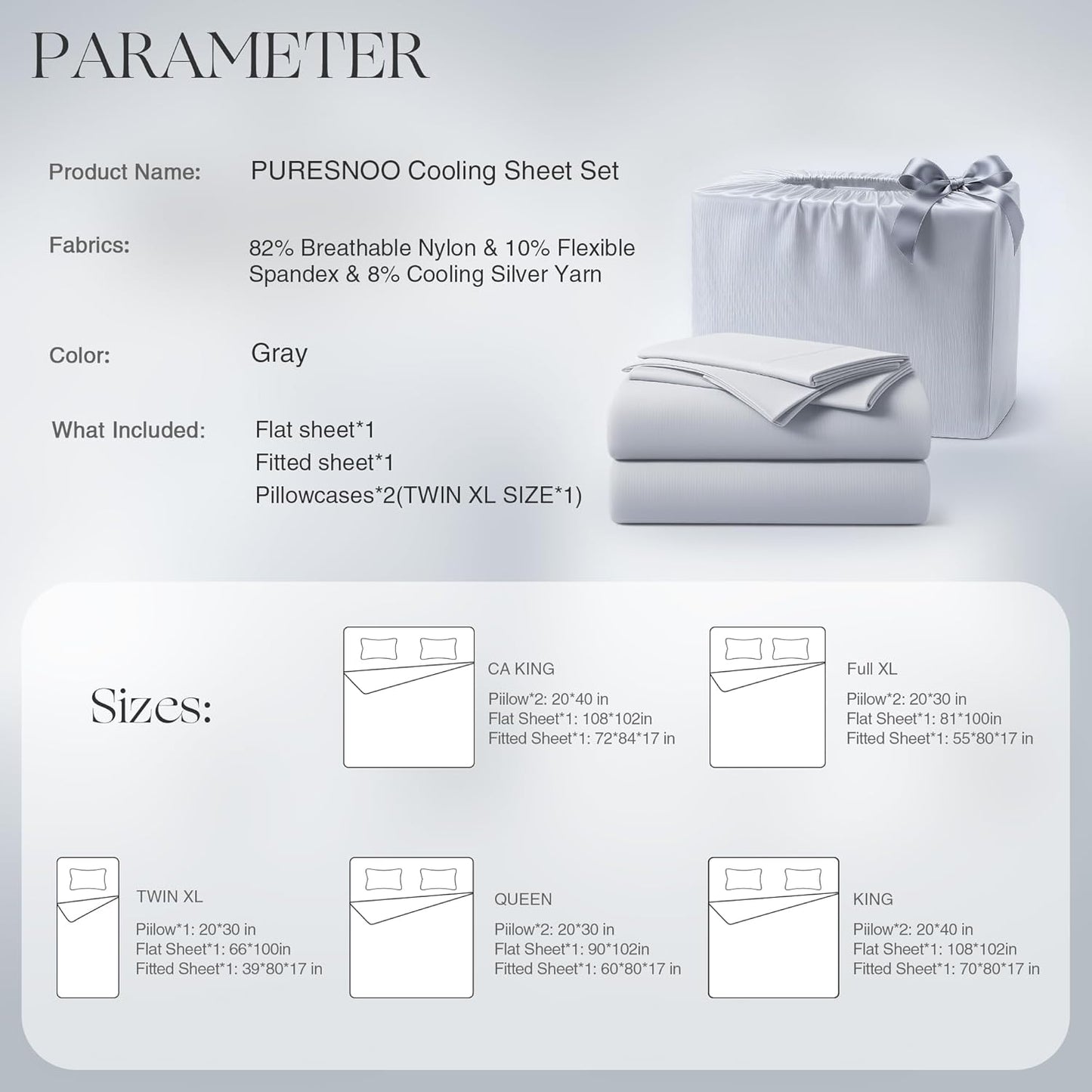 Skiennix Cooling Sheet Set - Breathable & Ultra-Soft Silver Infused Bed Sheets for Hot Sleepers | Twin XL, Gray
