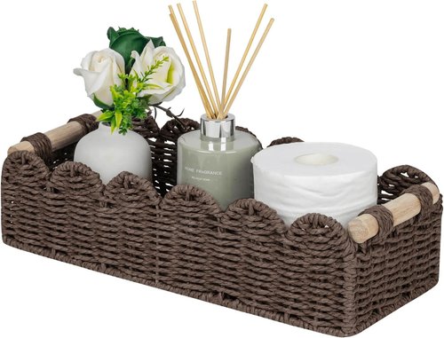 CubesLand Woven Paper Rope Storage Basket - Scalloped Edge Design for Organizing | Brown with Wood Handle