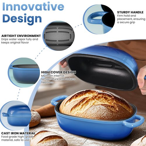 Cast Iron Dutch Bread Oven - 2.5QT Dutch Oven for Sourdough Bread Baking, Cast Iron Bread Loaf Pan with Lid, Easy Homemade Sourdough Dutch Oven, Blue Oval Bread Baking Pan, Gift for Family & Baker