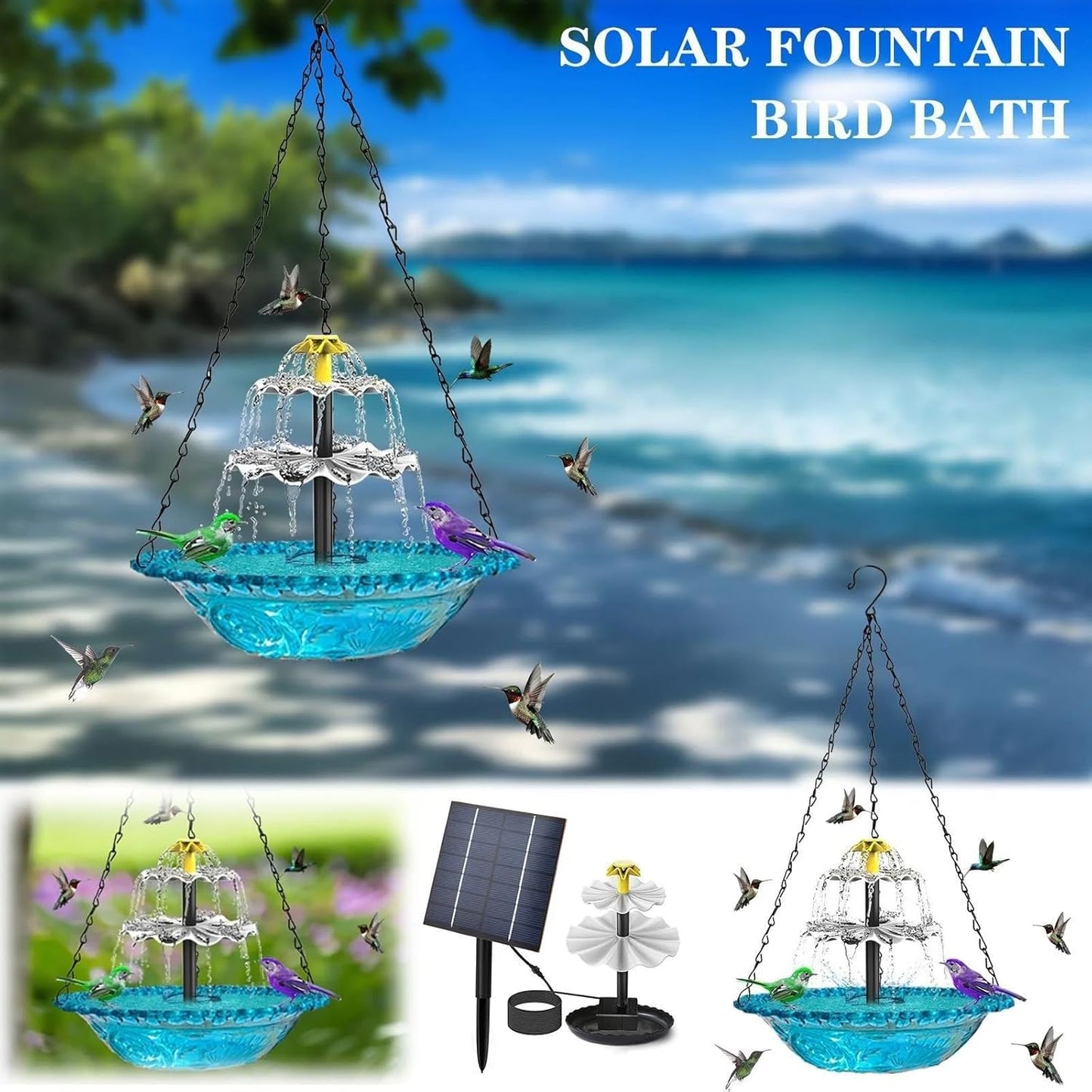 Skiennix Solar Hanging Bird Bath - Elegant Fountain Cascade for Outdoor Gardens | Blue