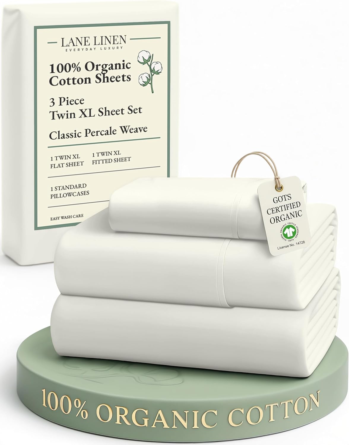 LANE LINEN Twin XL Sheets Set - 100% Organic Cotton, Soft Percale, Breathable, Glacier Grey