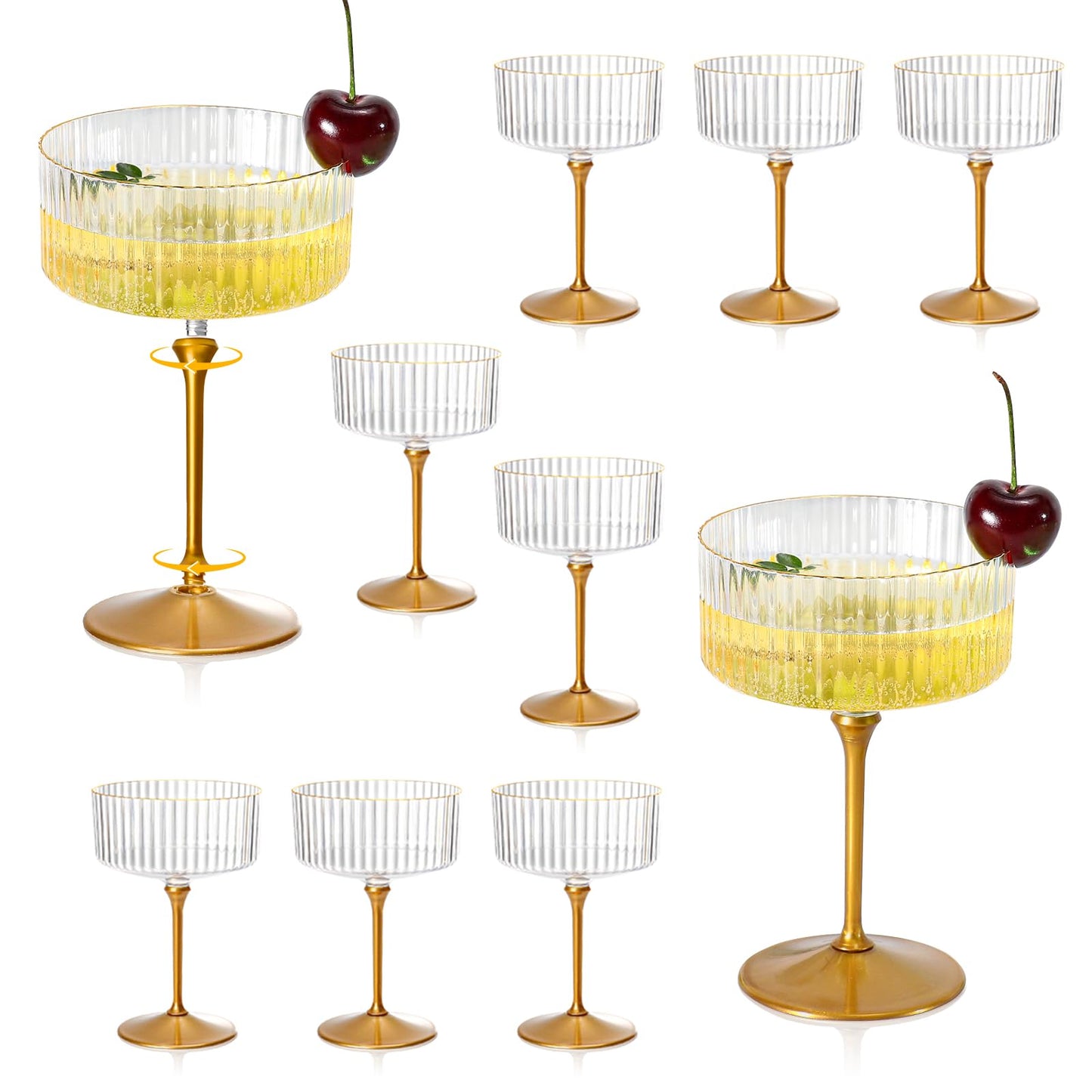 XUWAIDSGN 12 Pcs Champagne Martini Glasses 9 Oz with Gilded Removable Gold Rim Coupe Glasses Pink Martini Glasses Plastic Mimosa Vintage Coupe Glasses Set For Wedding Anniversary (12, Ribbed Gold)