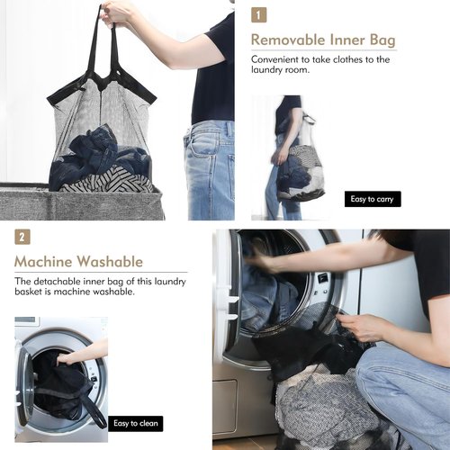 DOKEHOM 150L Double Laundry Basket - Large Collapsible Hamper with Lid & Removable Bags | Grey