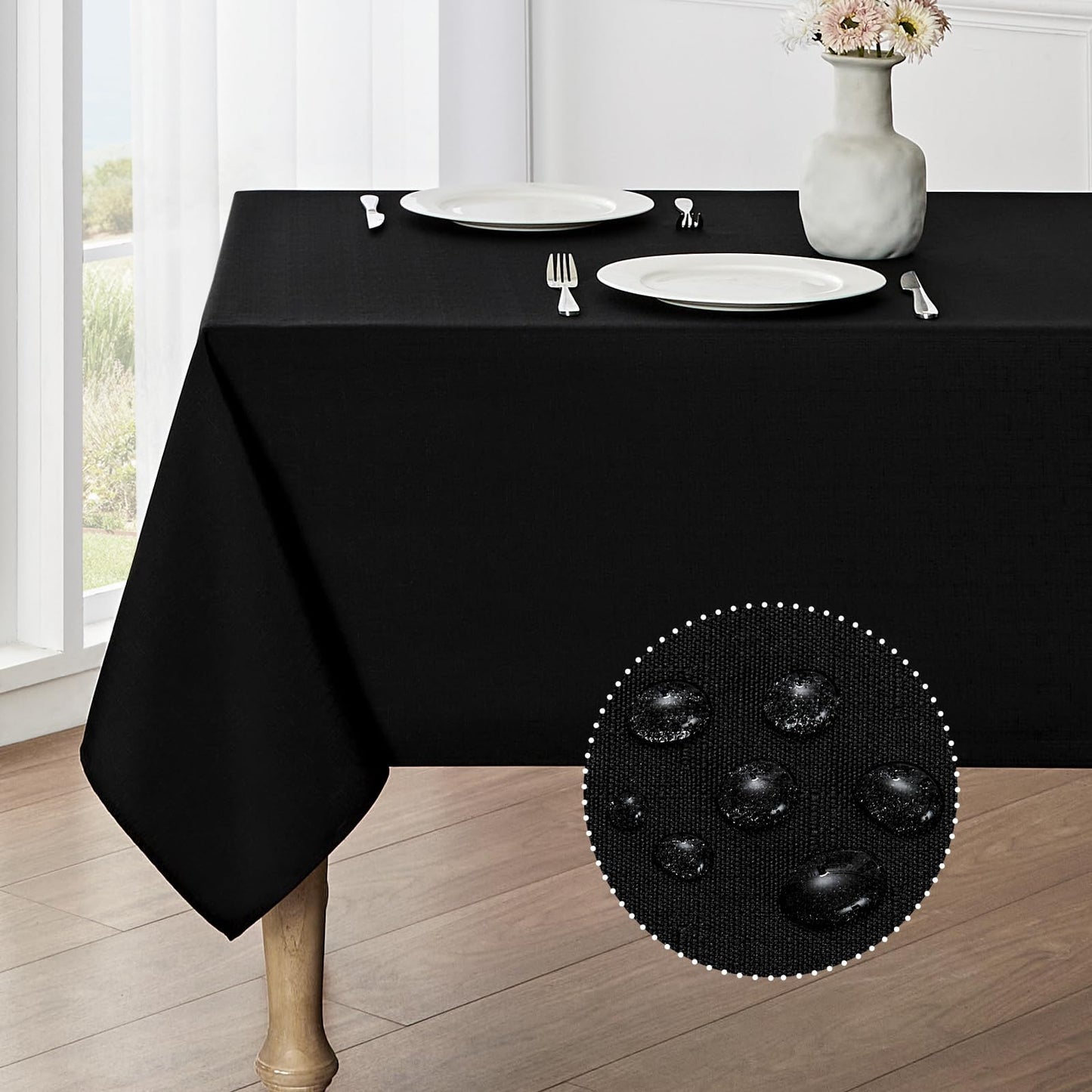 Veblandy 2 Pack Rectangle Tablecloth, 52x70 inch, Water Resistant Wrinkle Free Linen Textured Table Cloth Washable, Decorative Fabric Table Cover for Dining, Party and Camping, Black