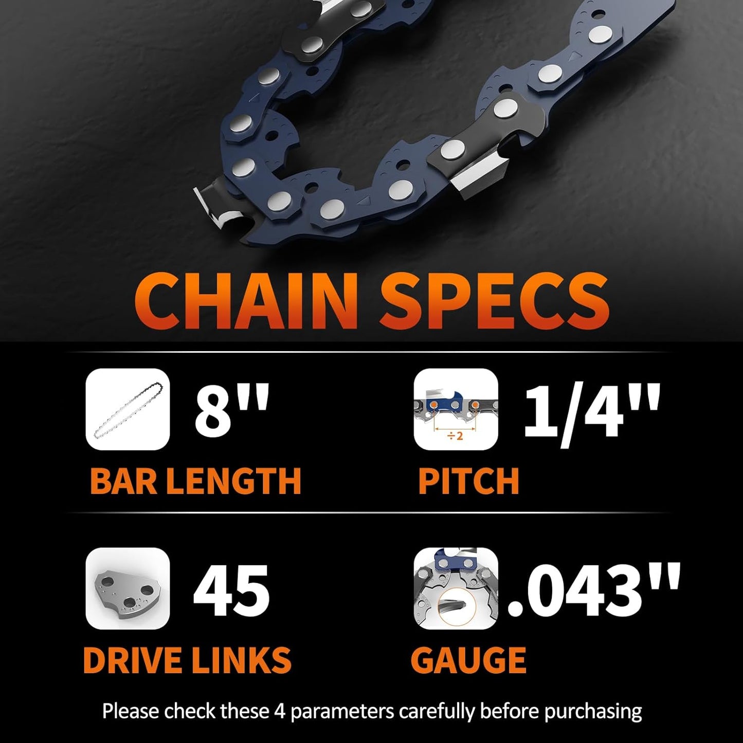 Skiennix 8-Inch Mini Chainsaw Chain - Replacement 1/4" LP Pitch .043" Gauge | 3-Pack of 45 Drive Links