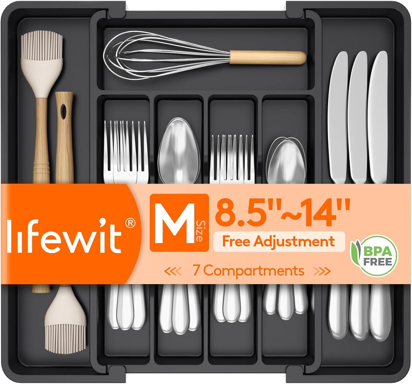 Lifewit Expandable Silverware Organizer - BPA-Free Plastic Utensil Tray for Kitchen Drawers | Black, 8.5-14 x 12 x 1.5 Inch
