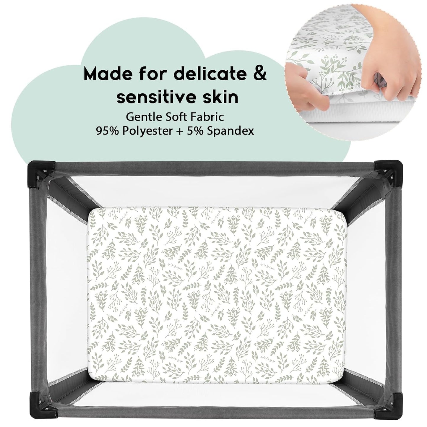 Yoofoss Fitted Pack and Play Sheets - Soft, Breathable Mini Crib Sheets 2-Pack in Green Leaf Design