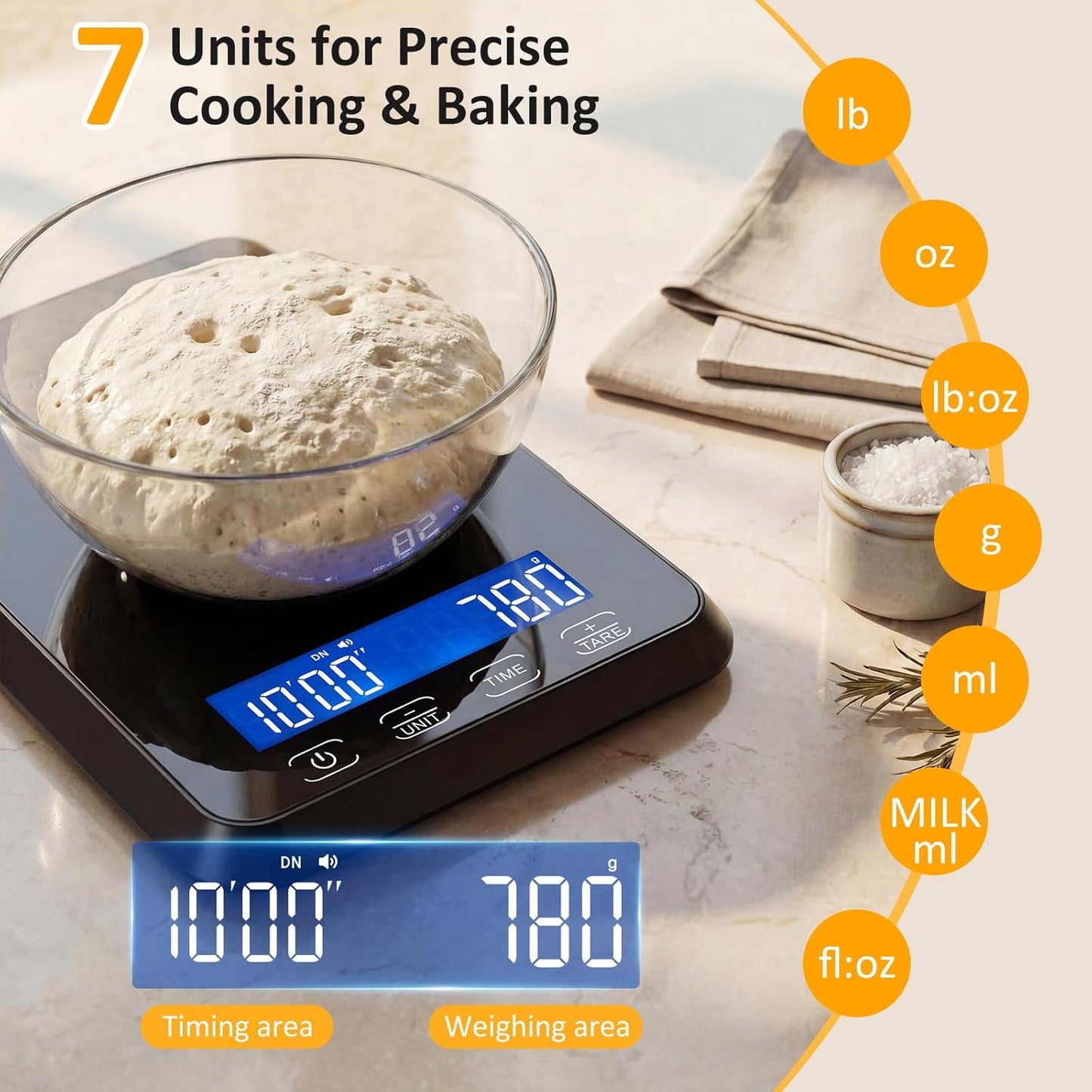 Letron Food Scale - 33 lb High Precision Kitchen Scale for Sourdough Bread | Rechargeable, 7 Units, Tare Function