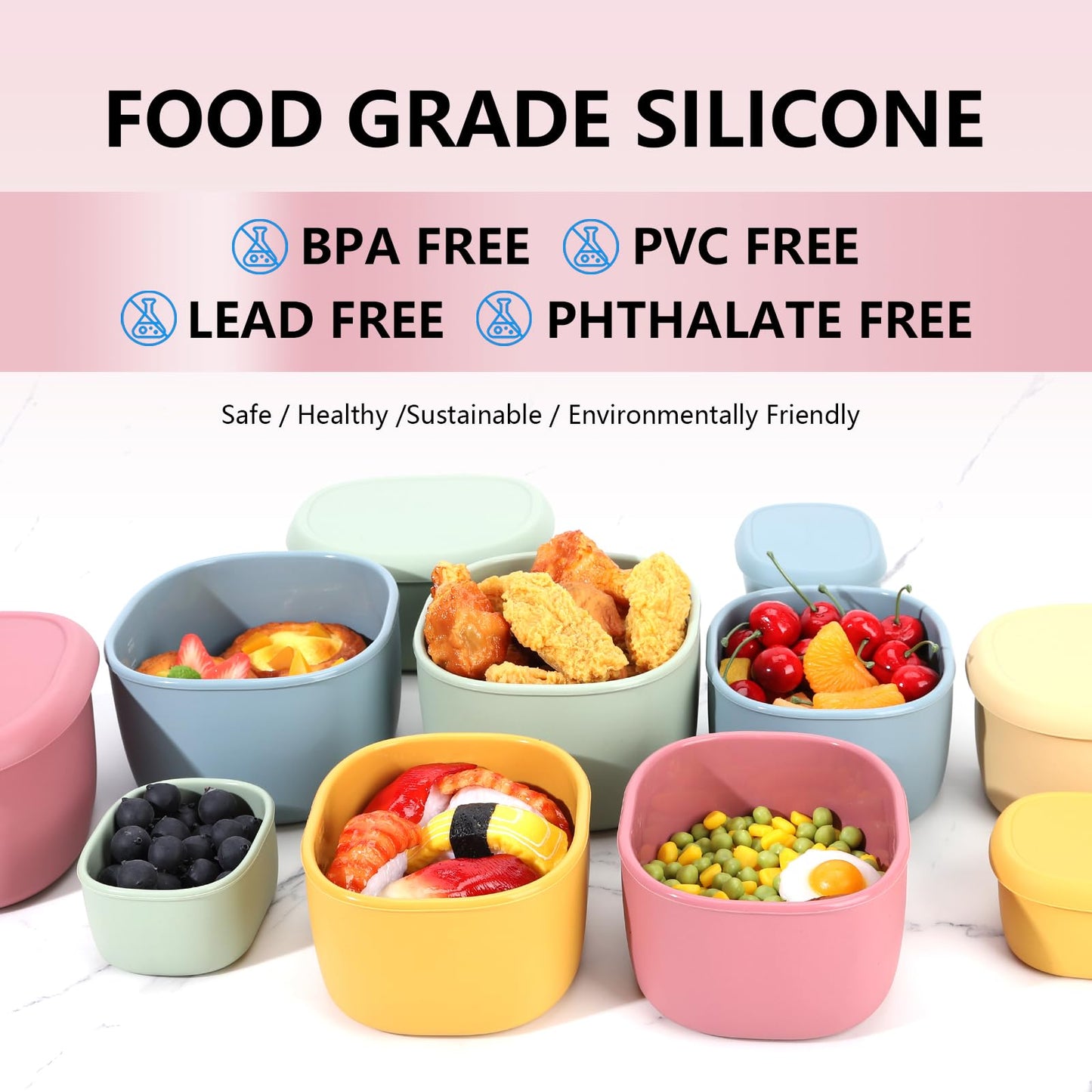 AOEDEO 4Pcs Silicone Food Storage Containers with Lids，BPA Free Reusable Silicone Storage Containers for Food Freezer Containers Freezer Dishwasher Safe (33.8oz, 20oz, 10oz, 6.7oz) (pink)