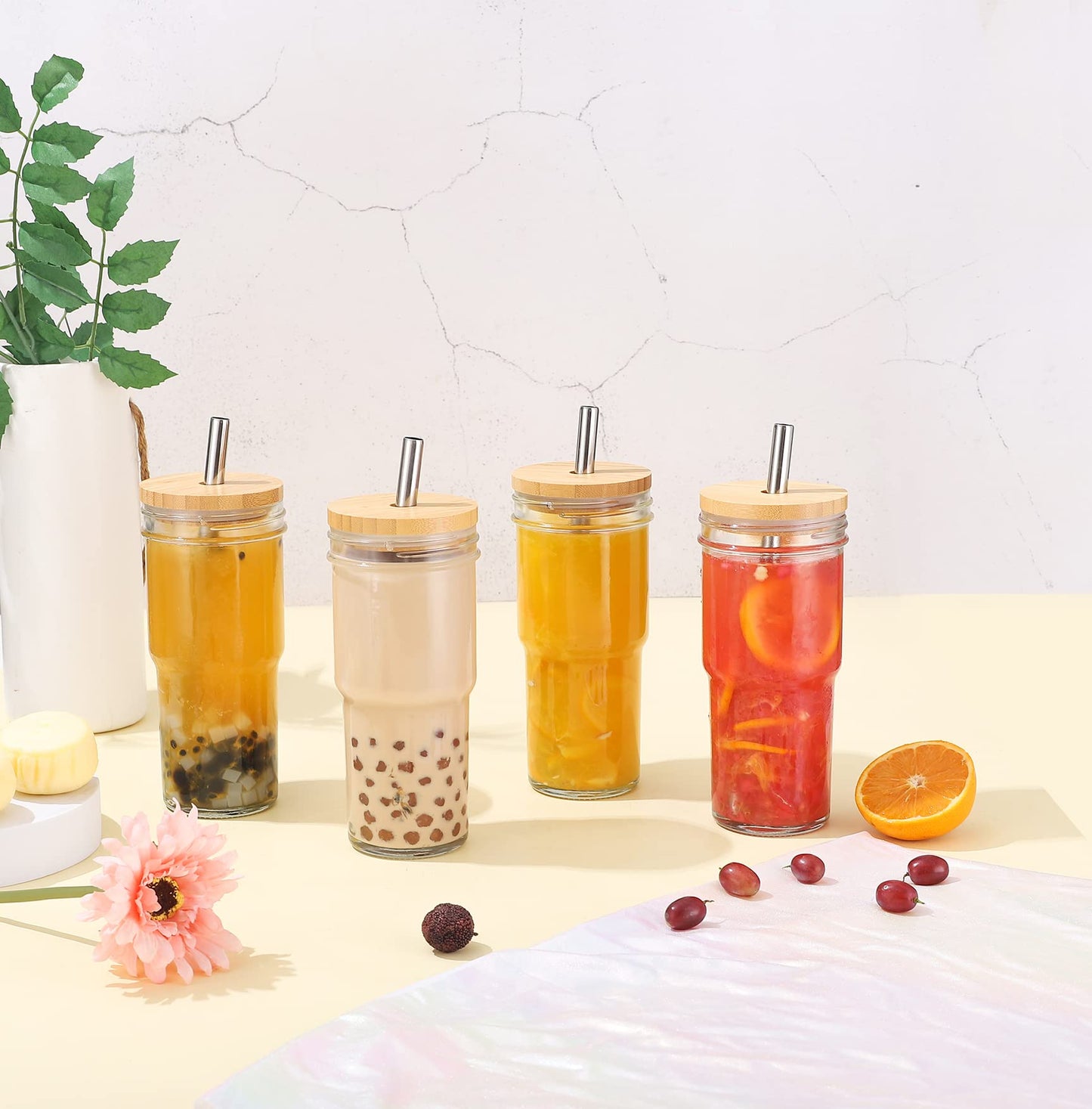 ASANMEYO 4 Pcs 24 oz Glass Cups With Bamboo Lids and Straws & 4 Airtight Lids, Reusable Smoothie Cups Mason Jar Drinking Glasses Iced Coffee Cups Glass Tumbler for Bubble Tea, Juice, Gift