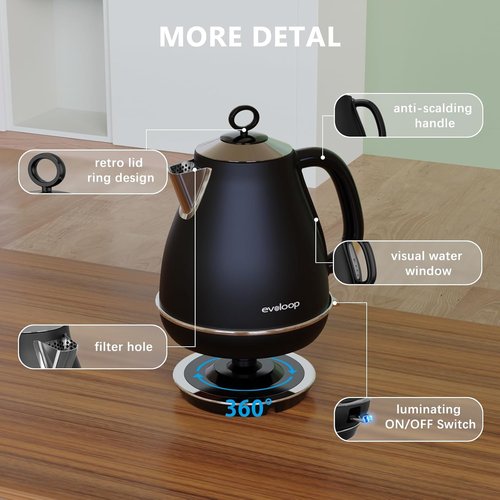 Evoloop Electric Kettle - 1.7L BPA-Free Stainless Steel Tea Kettle with Auto Shut-Off & Boil-Dry Protection | Black