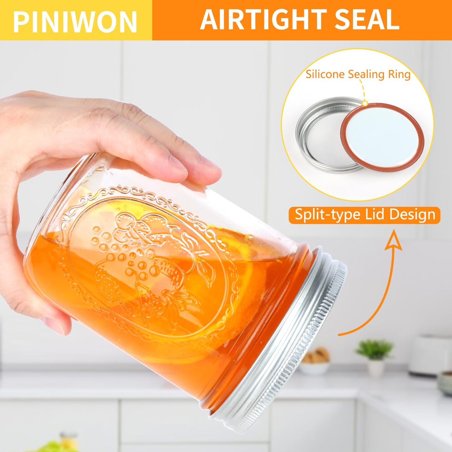 PINIWON Wide Mouth Mason Jars 16 oz with Airtight Lids and Bands, 6 Pack Canning Jars, Clear Glass Pint Jars for Canning, Fermenting, Pickling, Meal Prep, Overnight Oats