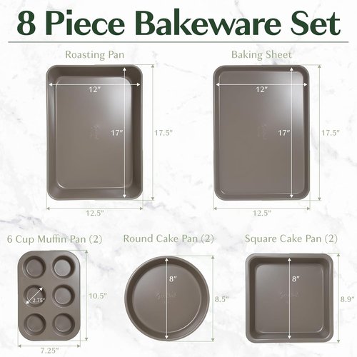 Goodful Nonstick Bakeware Set - 8-Piece Stackable Design with Round, Square Pans & More | Dishwasher Safe, Linen