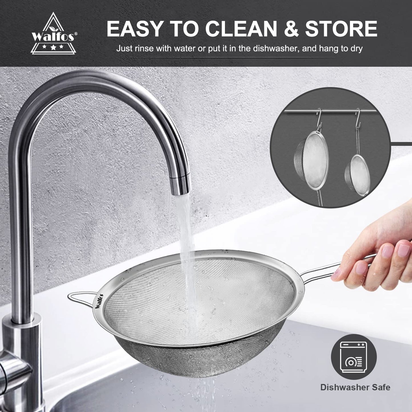 Walfos Extra Fine Mesh Strainer Set of 4-9.35", 6.95", 4.6", 2.7", Stainless Steel 30 Mesh Sieve with Sturdy Handle, Kitchen Food Strainers Sifters for Quinoa, Pasta, Fruits, Vegetables, Rice, Tea