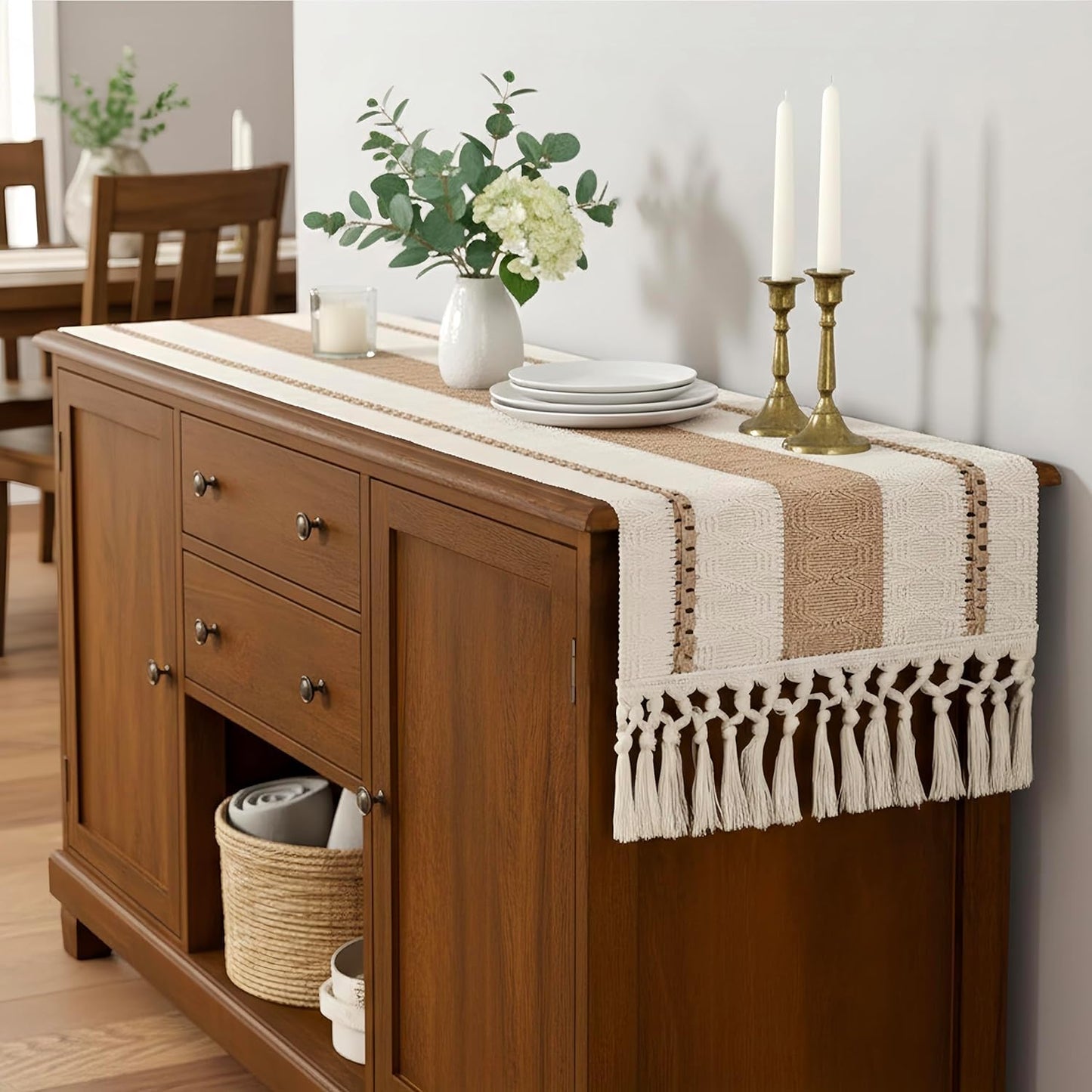 FEXIA Boho Table Runner for Hoilday Spring Home Decor with Tassels Pottery barn Furniture Farmhouse Rustic Macrame Burlap Table Decoration for Living Room (12x48 Inches)