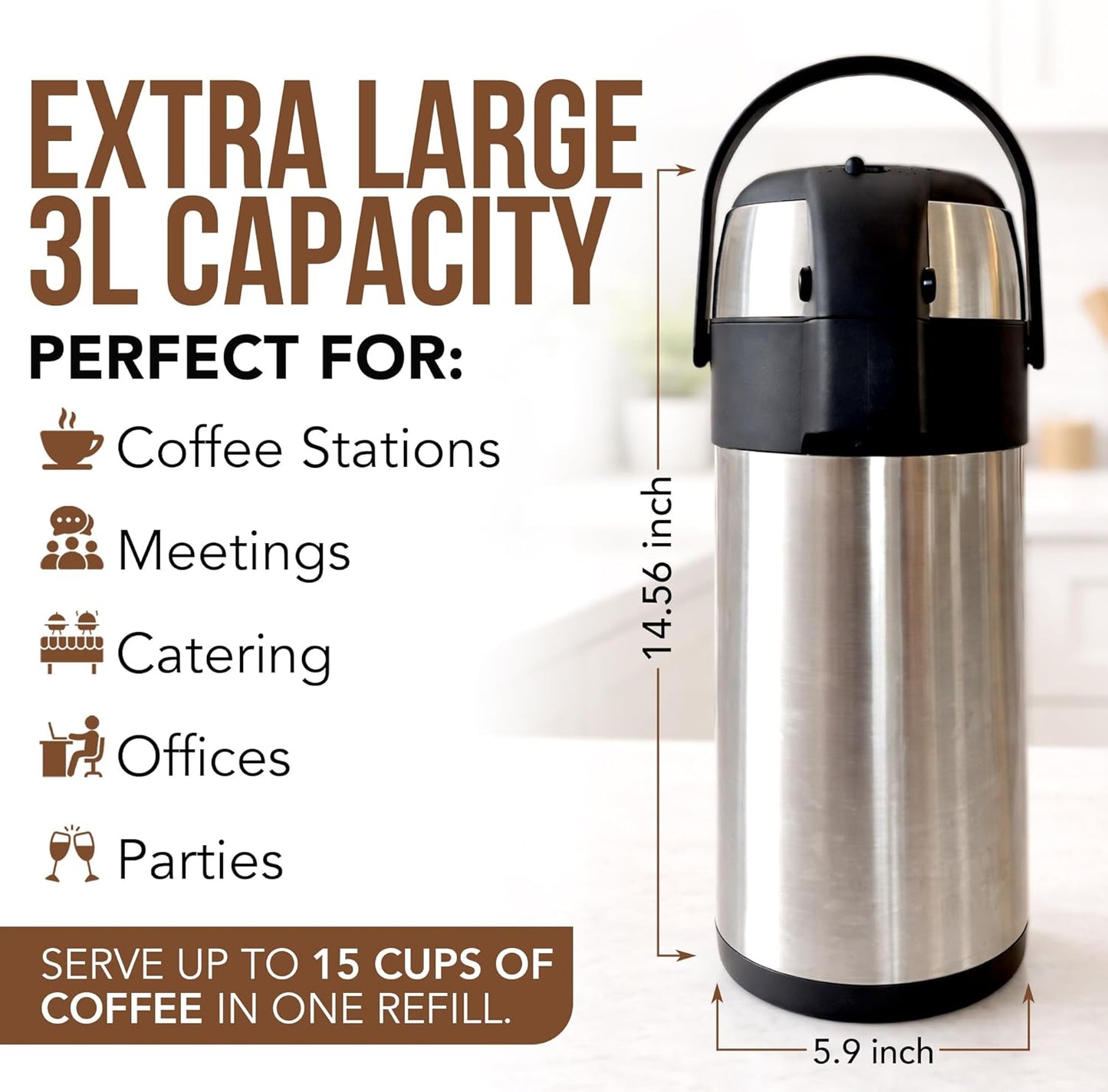 Skiennix Insulated Coffee Carafe - 102 OZ Stainless Steel Hot Beverage Dispenser | Thermal Pump Airpot