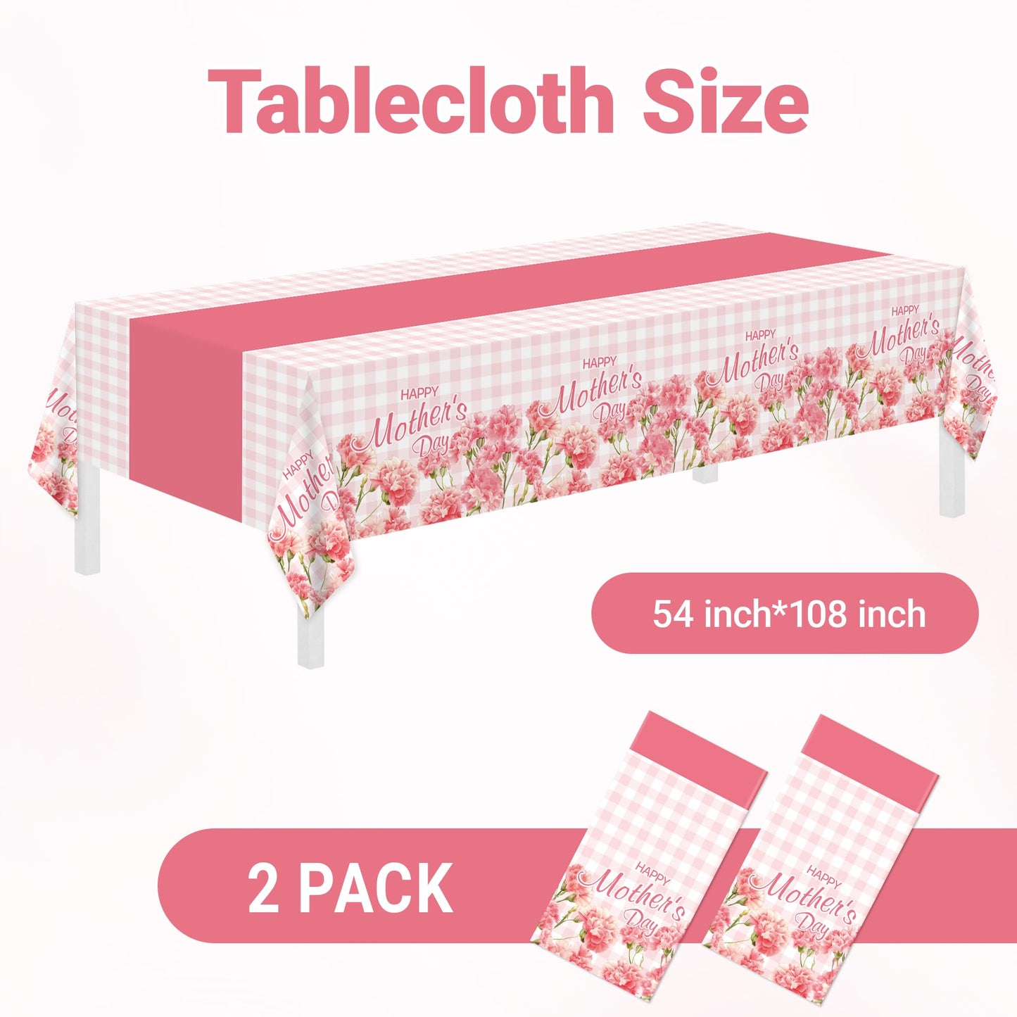 2 Pack Mothers Day Tablecloth,Mothers Decorations 54" x 108" Disposable Plastic Tablecloth,Mothers Table Cloth Plastic Pink Table Cover for Party Supplies,Birthday,Home,Dinner,Indoor,Outside Picnic
