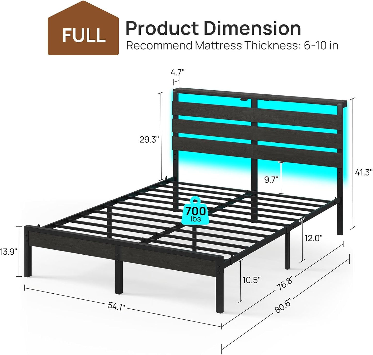Rolanstar Full Size Bed Frame - LED Platform Bed with USB Charging Station & Wood Storage Headboard - Black