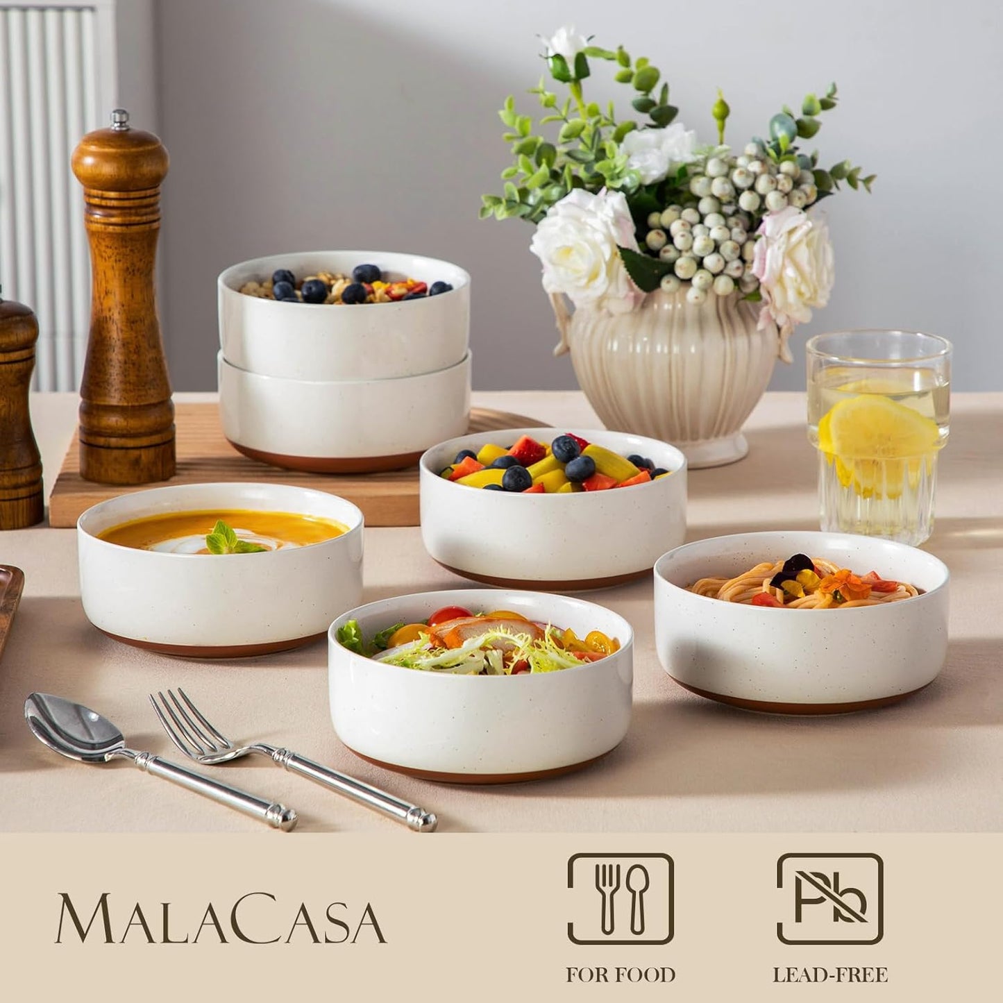 MALACASA Cereal Bowls Set of 6 - 24 OZ Ceramic Kitchen Bowls | Dishwasher & Microwave Safe, Khaki White