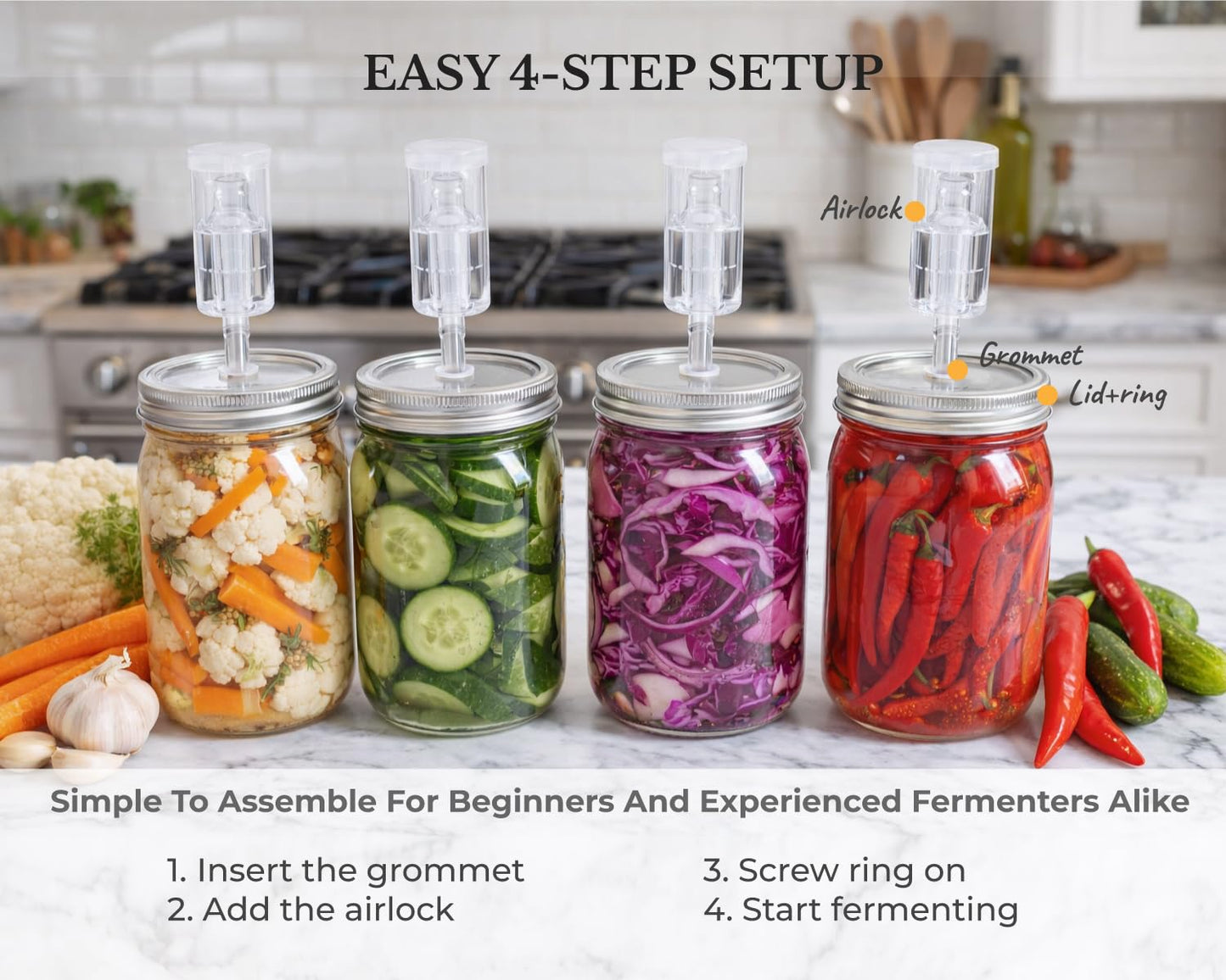 Jillmo Fermentation Lids for Wide Mouth Mason Jars, Stainless Steel Auto Venting Fermenting Lid Kit with Airlocks & Silicone Grommets for Pickles, Kimchi & Sauerkraut, 4 Pack, No Jars Included