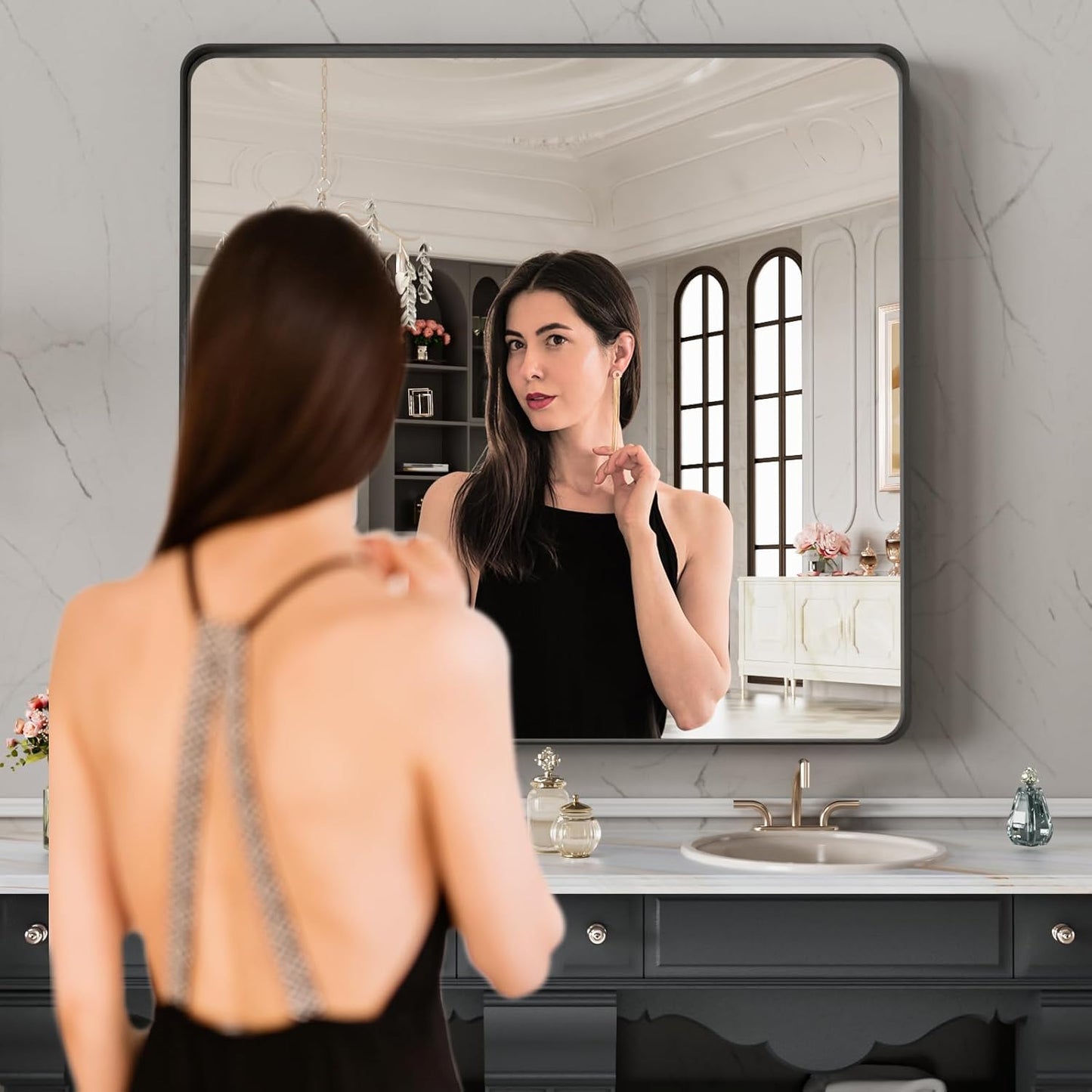 LOAAO Black Metal Framed Bathroom Mirror - 32x32 Inch, Anti-Rust, Versatile Horizontal/Vertical Design